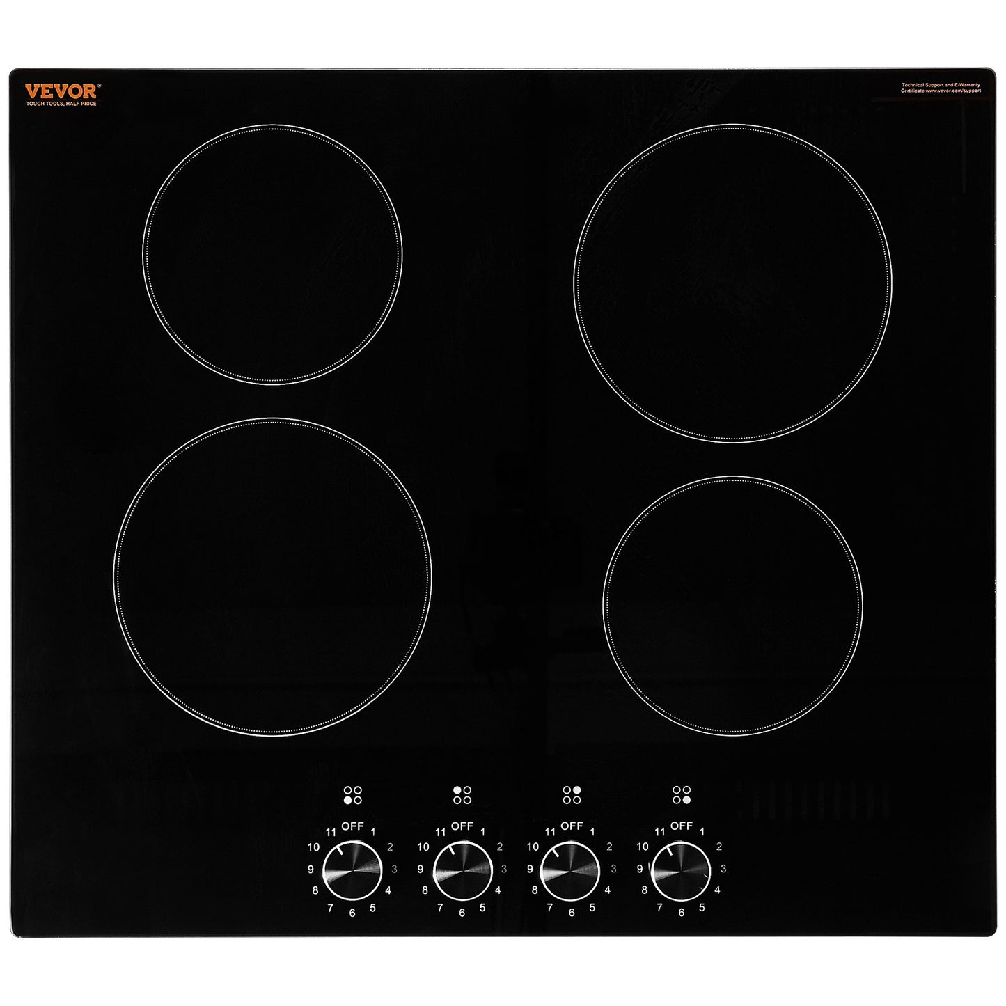 Electric Cooktop, 24 inch 4 Burners Built-in Electric Stove Top, 6000W Ceramic Top Radiant Cooktop, with Glass Panel, Knob Control, 11 Heat Levels, 220-240V, Hard Wire (No Plug)