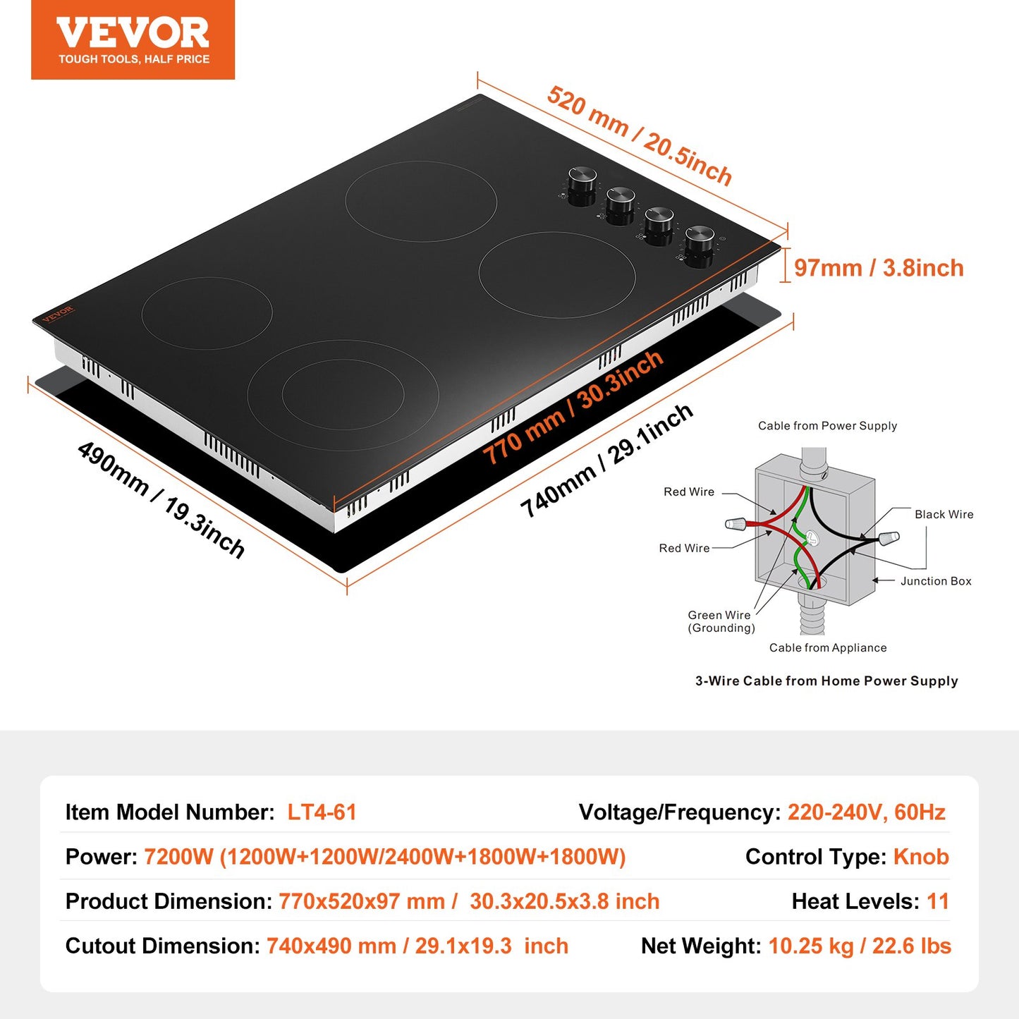 Electric Cooktop, 30 inch 4 Burners Built-in Electric Stove Top, 7200W Ceramic Top Radiant Cooktop, with Glass Panel, Knob Control, 11 Heat Levels, 220-240V, Hard Wire (No Plug)