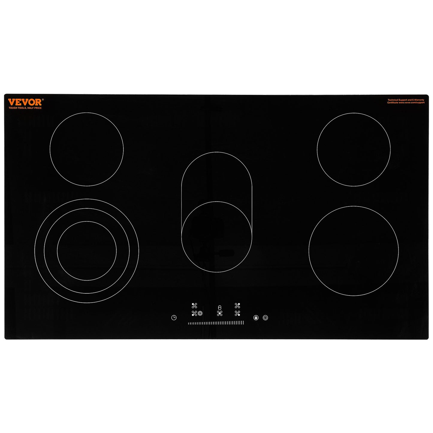 Electric Cooktop, 36 inch 5 Burners Built-in Electric Stove Top, 8600W Ceramic Top Radiant Cooktop with Glass Panel, Touch Control, Timer, Child Lock, 9 Heat Level, 220-240V, Hard Wire (No Plug)
