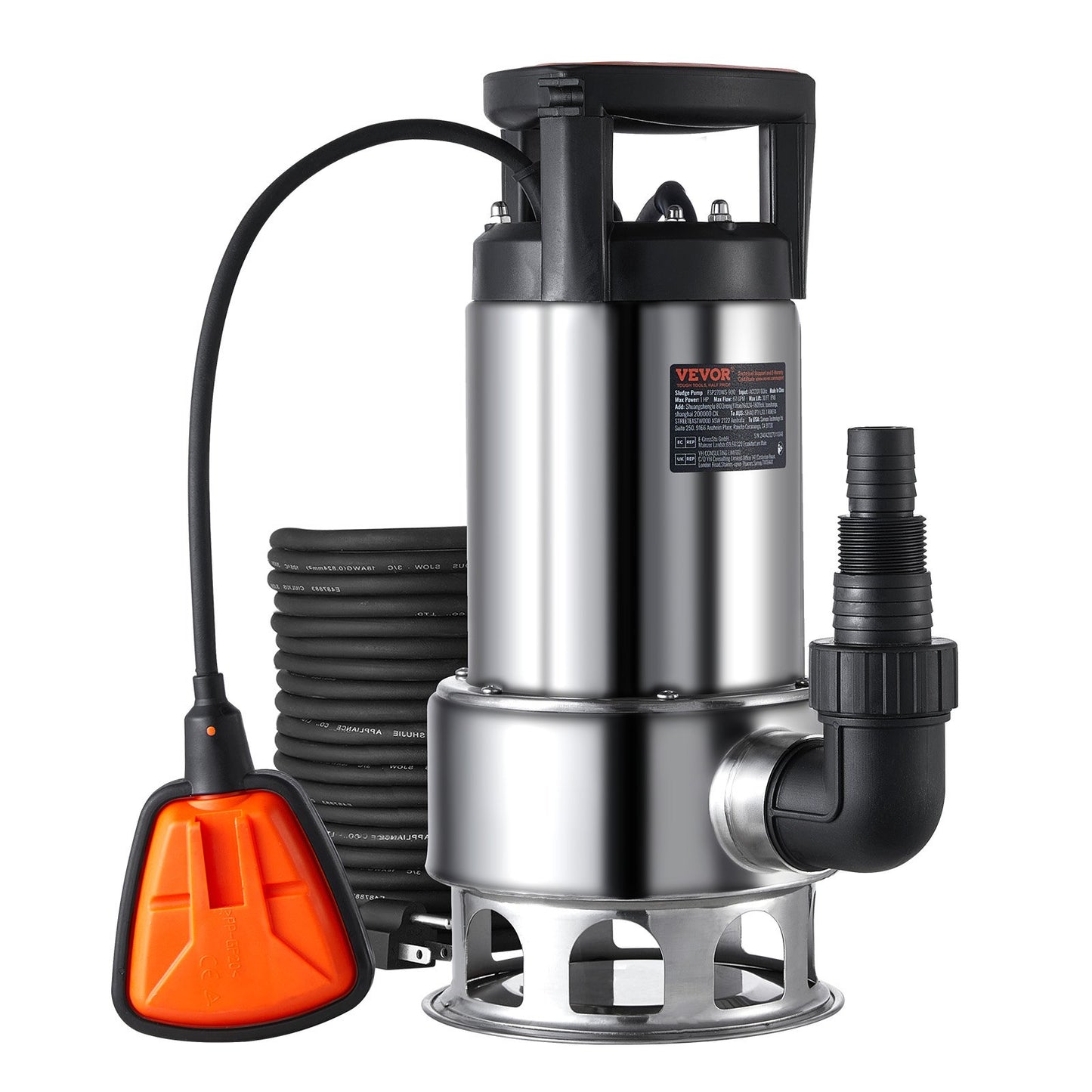 1HP Sump Pump, 4020GPH, 30FT Lift Stainless Steel Submersible Sludge Pump with 26FT Power Cord Automatic ON/OFF Float Switch, Drain Clean/Dirty Water for Basement Flood Pool Pond Garden Hot Tub