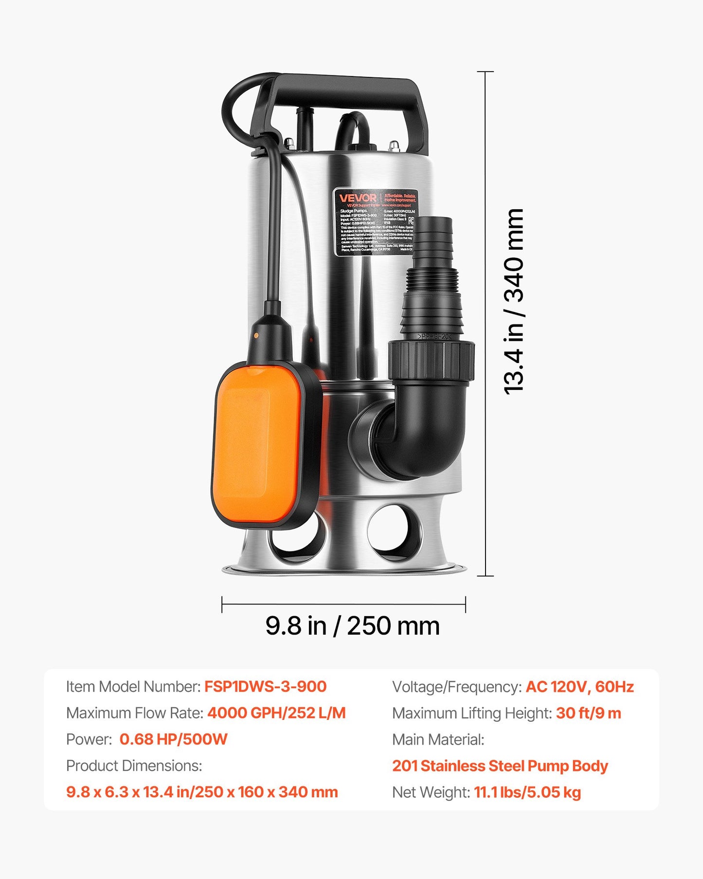 0.68 HP Submersible Sump Pump, 4000 GPH, Stainless Steel Submersible Sewage Dirty Clean Water Pump with Automatic Float Switch, Long Cord, 30 ft Max Lift, for Pools, Garden, Flooded Basement