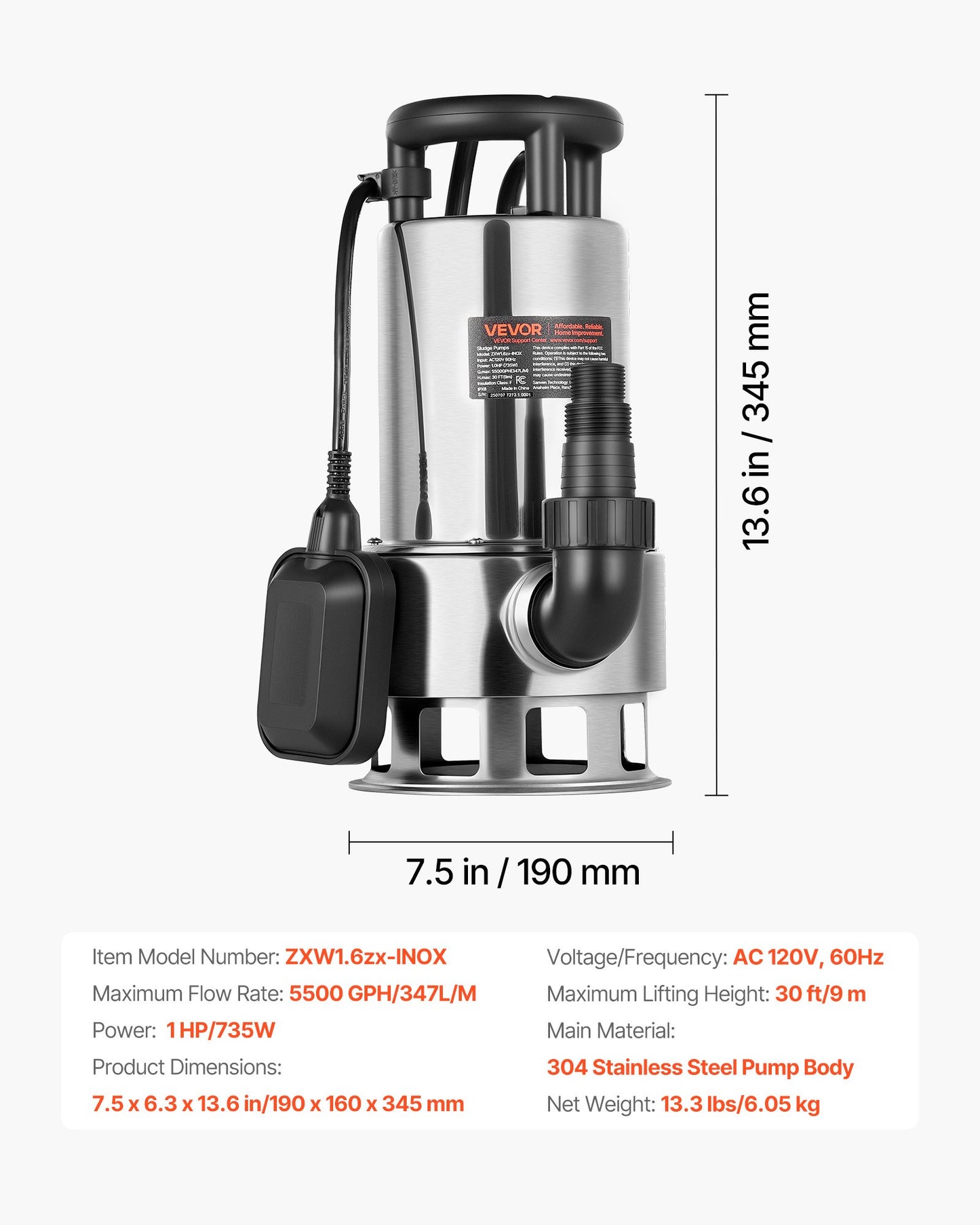 1 HP Submersible Sump Pump, 5500 GPH, Stainless Steel Submersible Sewage Dirty Clean Water Pump with Automatic Float Switch, Long Cord, 30 ft Max Lift, for Pools, Garden, Pond, Flooded Areas