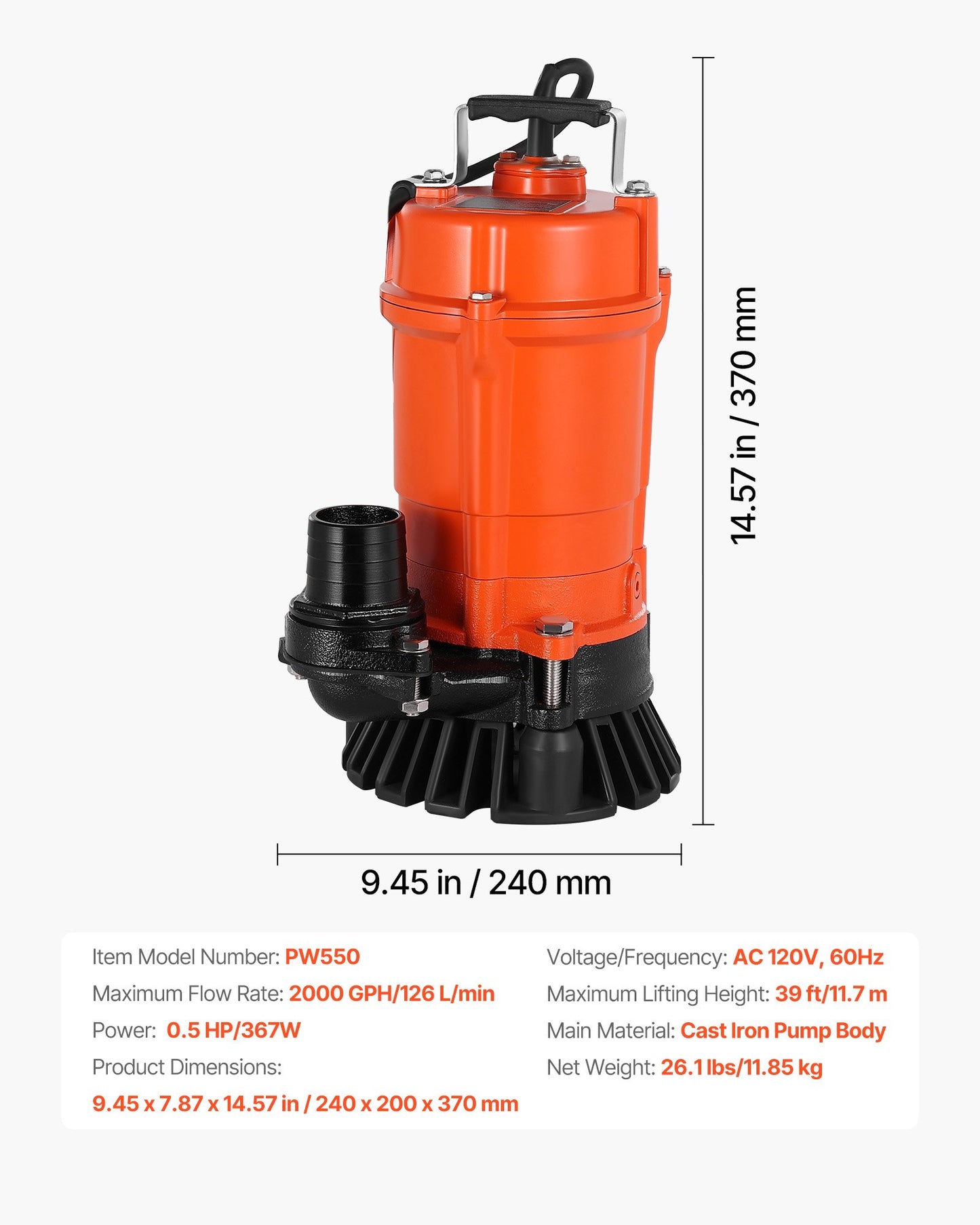 1/2 HP Submersible Trash Pump, 2000 GPH, 120V Cast Iron Submersible Sump Sewage Pump with 2 in Discharge, 39 ft Max Lift, Drain Dirty Clean Water, for Pools, Garden, Pond, Basement, Flooded Area