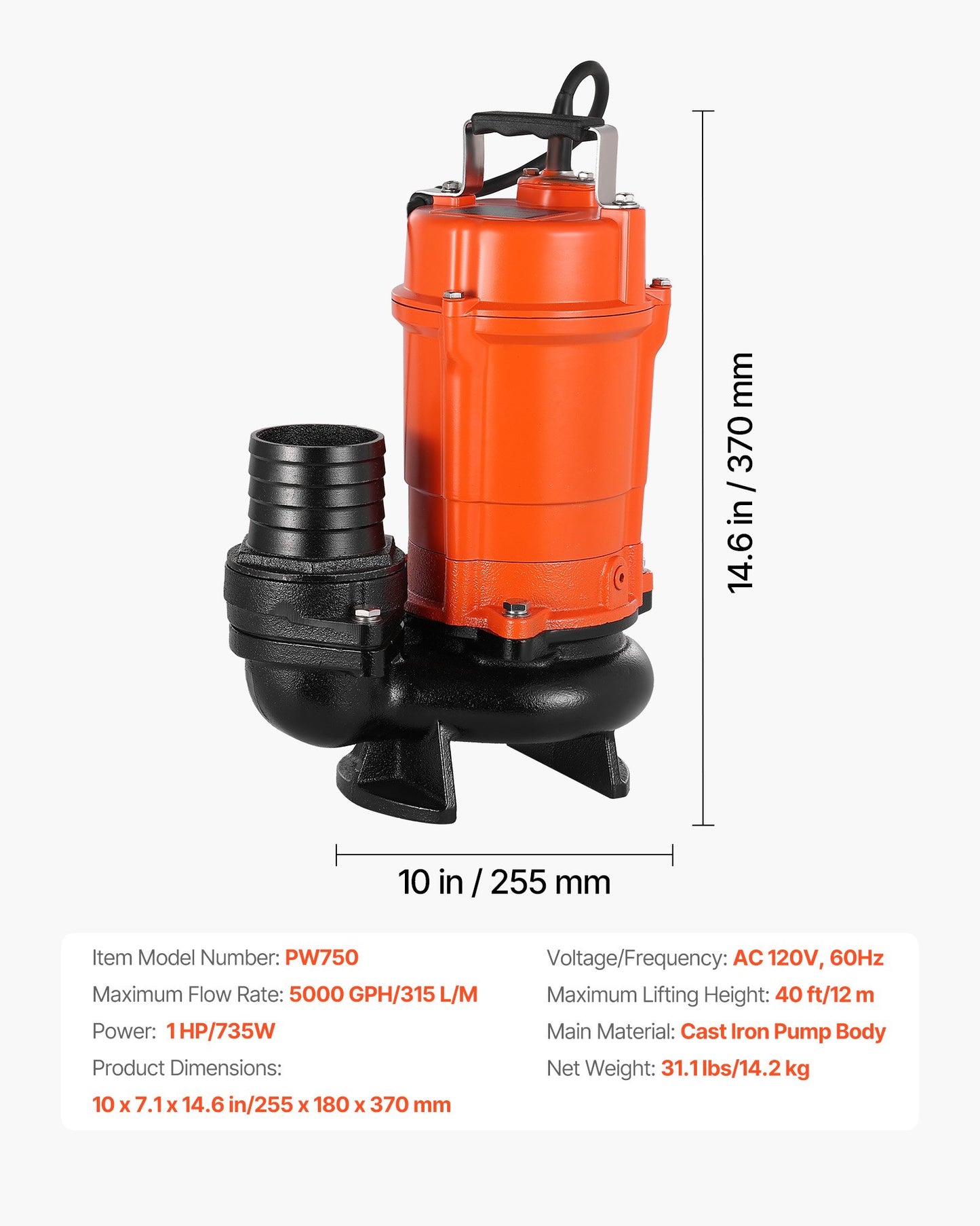 1 HP Submersible Trash Pump, 5000 GPH, 120V Cast Iron Submersible Sump Sewage Pump with 3 in Discharge, 40 ft Max Lift, Drain Dirty Clean Water, for Pools, Garden, Pond, Basement, Flooded Areas