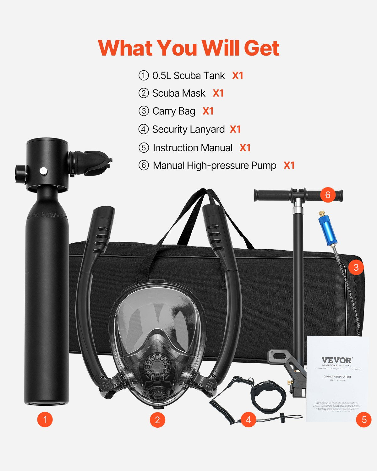 Scuba Tank, 0.5L Portable Diving Tank, Diving Oxygen Cylinder Support 5-10 Minutes Underwater Breathing, 32.81 ft Diving Depth, Refillable Snorkel Air Tank with Pump for Underwater Exploration