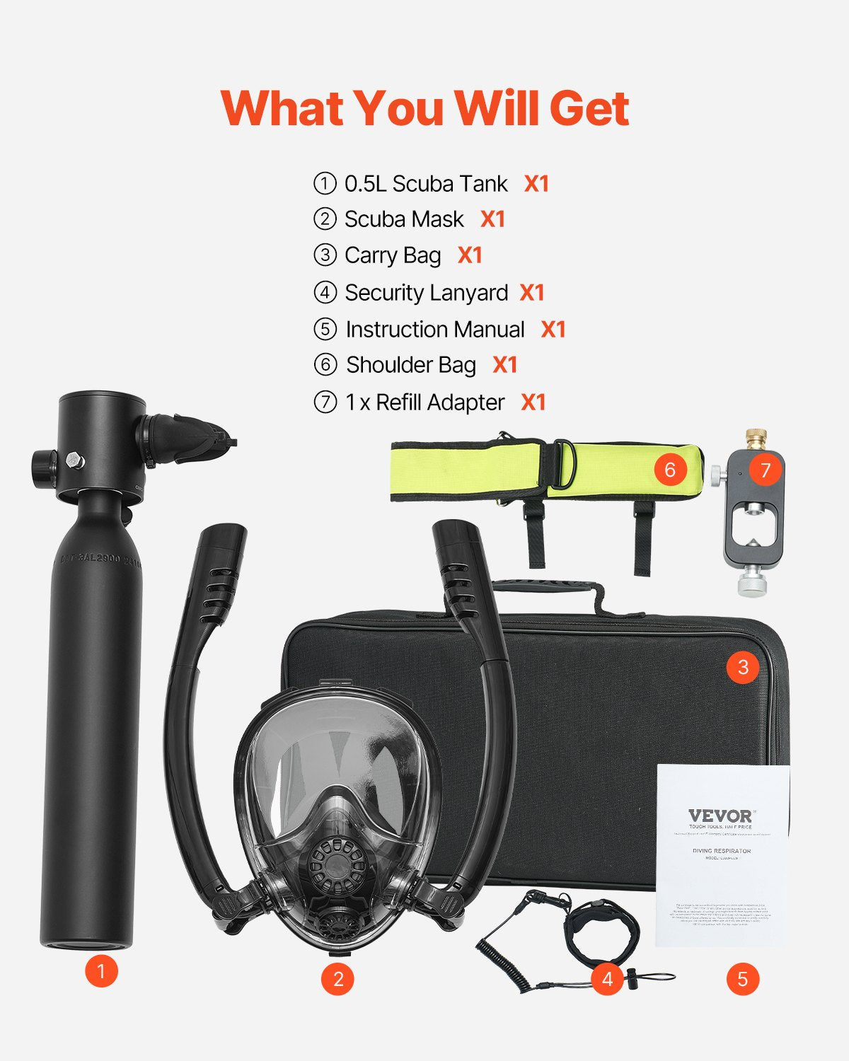 Scuba Tank, 0.5L Portable Diving Tank, Diving Oxygen Cylinder Support 5-10 Minutes Underwater Breathing, 32.81 ft Diving Depth, Refillable Snorkel Air Tank Kit for Underwater Exploration Rescue