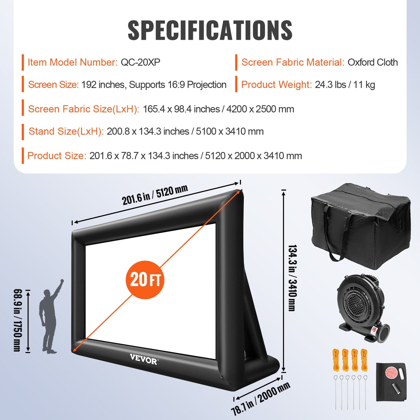 Inflatable Movie Screen 20FT Inflatable Projector Screen for outside with 350W Air Blower Inflatable Screen Oxford Fabric Material Blow Up Screen for Outdoor Movie Supports Front/Rear Projection