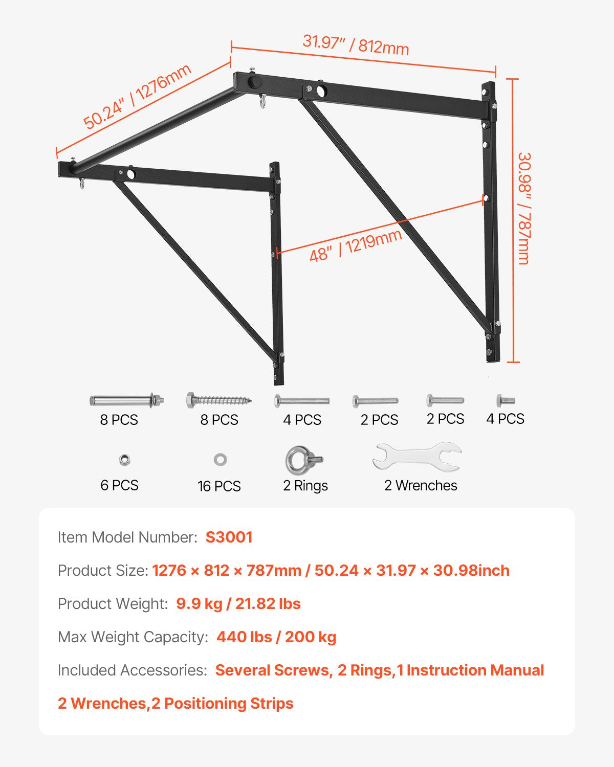 Pull Up Bar, 50 in Width Wall Mounted Pull Ups, Adjustable Depth 22" or 30" from Wall, Heavy Duty Steel Upper Body Workout Bars, 440 lbs Weight Capacity Chin Up Training Station, for Home Gym