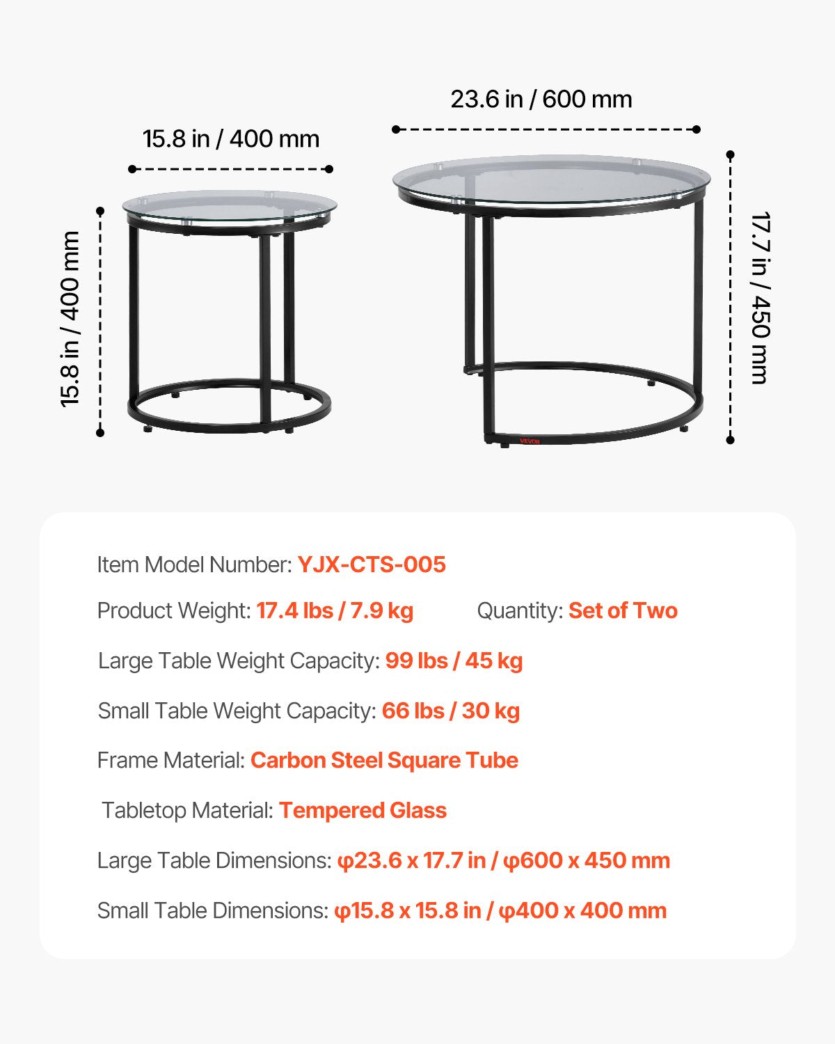 Nesting Coffee Table Set of 2, 23.6 in Round Coffee Table, Glass Nesting Tables for Small Place, Modern End Side Tables Night Stand with Metal Frame, for Living Room, Bedroom, Balcony, Office