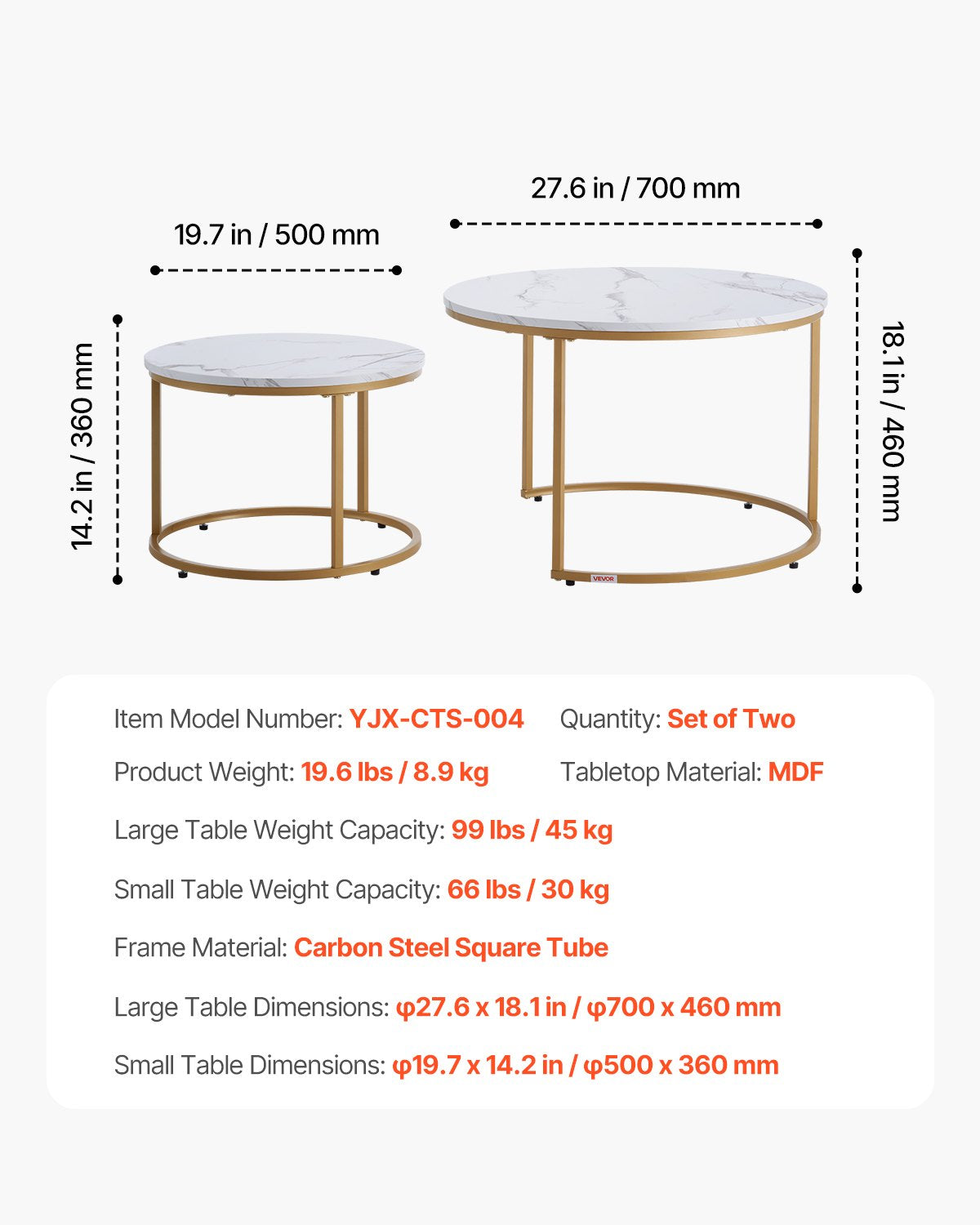 Nesting Coffee Table Set of 2, 27.6 in Round Coffee Table, Nesting Tables for Small Place, Vintage End Side Tables Night Stand with Metal Frame, for Living Room, Bedroom, Office (White & Gold)