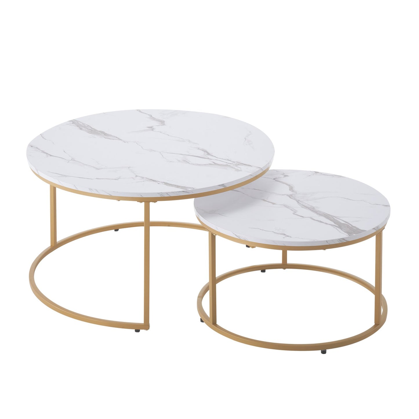 Nesting Coffee Table Set of 2, 31.5 in Round Coffee Table, Nesting Tables for Small Place, Vintage End Side Tables Night Stand with Metal Frame, for Living Room, Bedroom, Office (White & Gold)