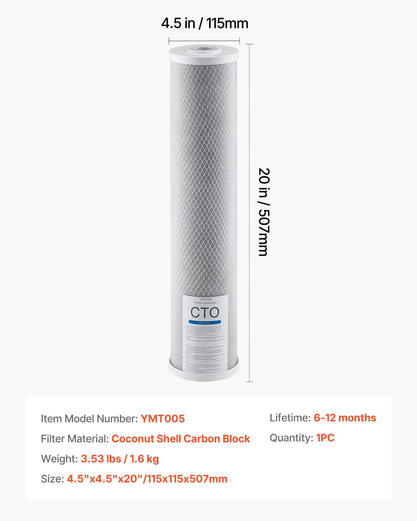 Whole House Water Filter Replacement Cartridge, 4.5" x 20" CTO Carbon Block, Replacement Filter for 3-Stage Whole Home Water Filtration System, Reduce Chlorine, Bad Taste, Odor