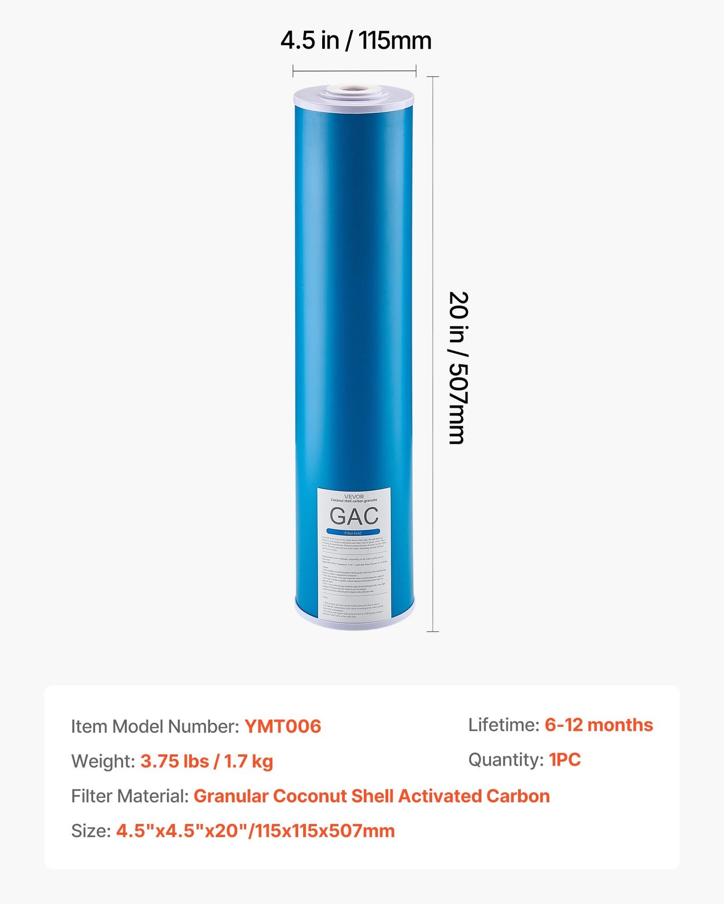 Whole House Water Filter Replacement Cartridge, 4.5" x 20" GAC Activated Carbon, Replacement Filter for Whole Home Water Filtration System, Reduce Chlorine, Chemicals, VOCs, Taste, Odor