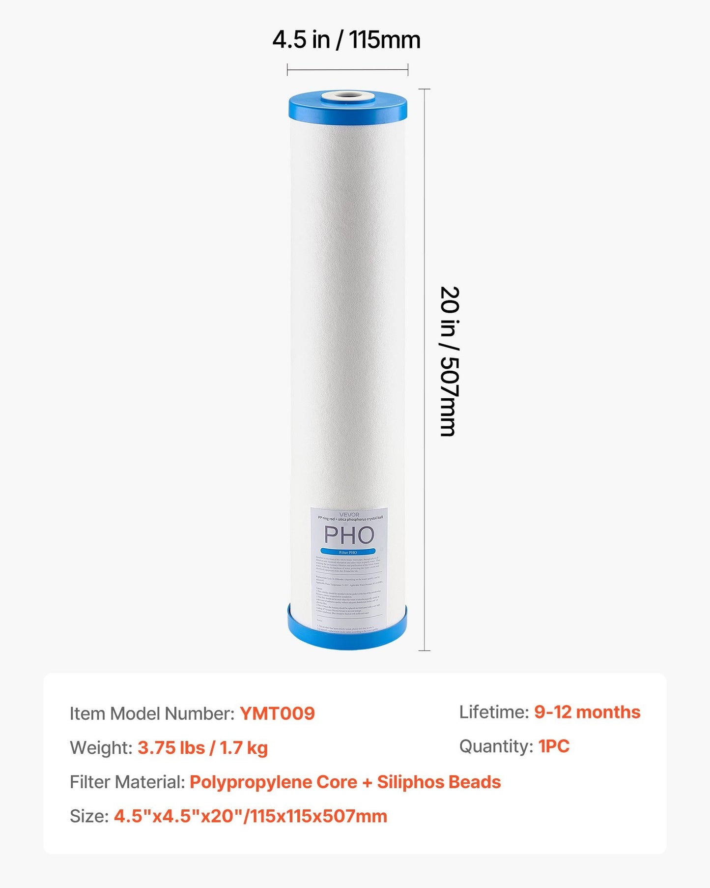 Whole House Water Filter Replacement Cartridge, 4.5" x 20" Polyphosphate Scale Inhibitor Filter for Whole Home Water Filtration System, Reduce Chlorine, Taste, Odor, Prevent Corrosion