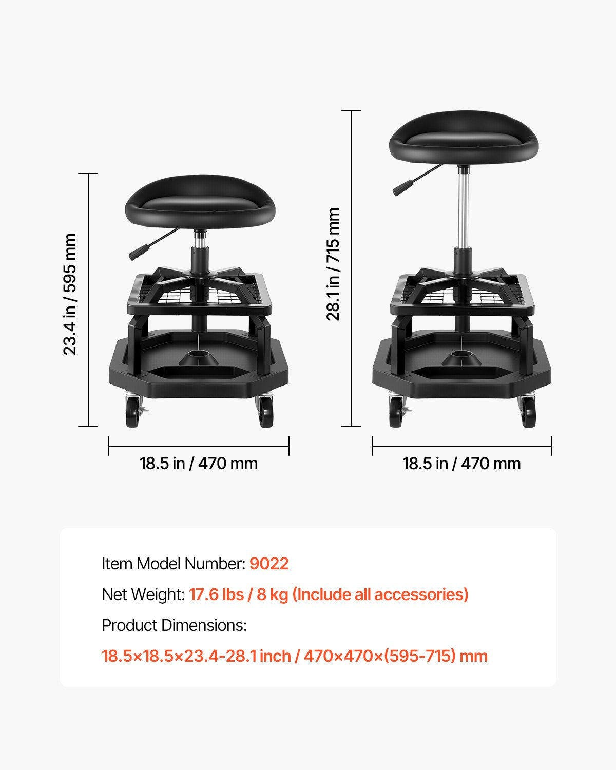 Rolling Shop Stool, Pneumatic Garage Seat/Work Stool with 300 lbs Capacity, Adjustable Height Roller Creeper Seat, 360° Swivel Padded Workshop Stool with Casters, for Garage, Shop & Auto Repair