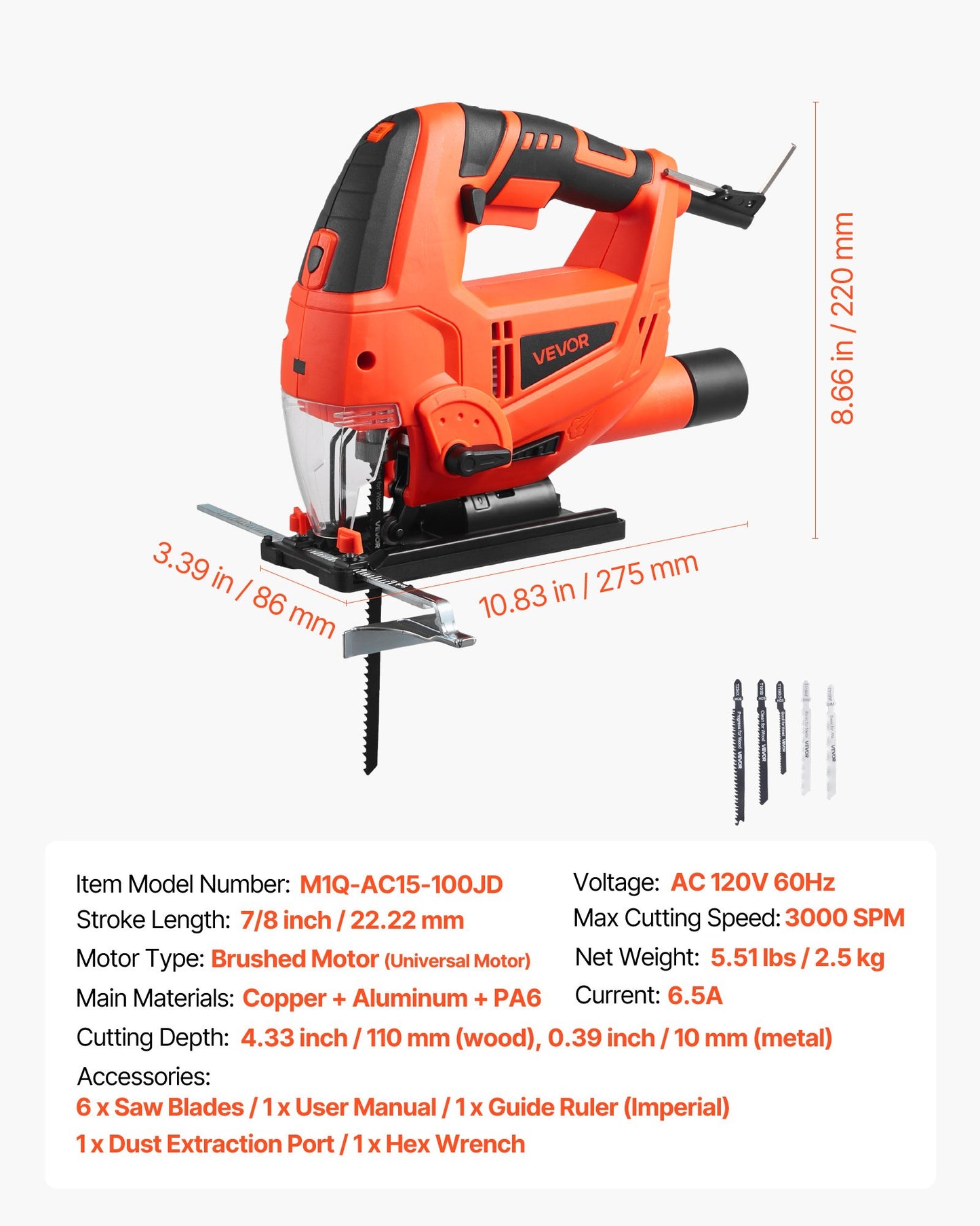 Jig Saw, 6.5 Amp, 3000 SPM Blade Speed, Electric Jigsaw with 6 pcs Blades, LED Light, 6 Variable Speed, 0- 45° Bevel Cuts, 4 Orbital Settings for Straight/Circle Cutting, for Wood and Metal