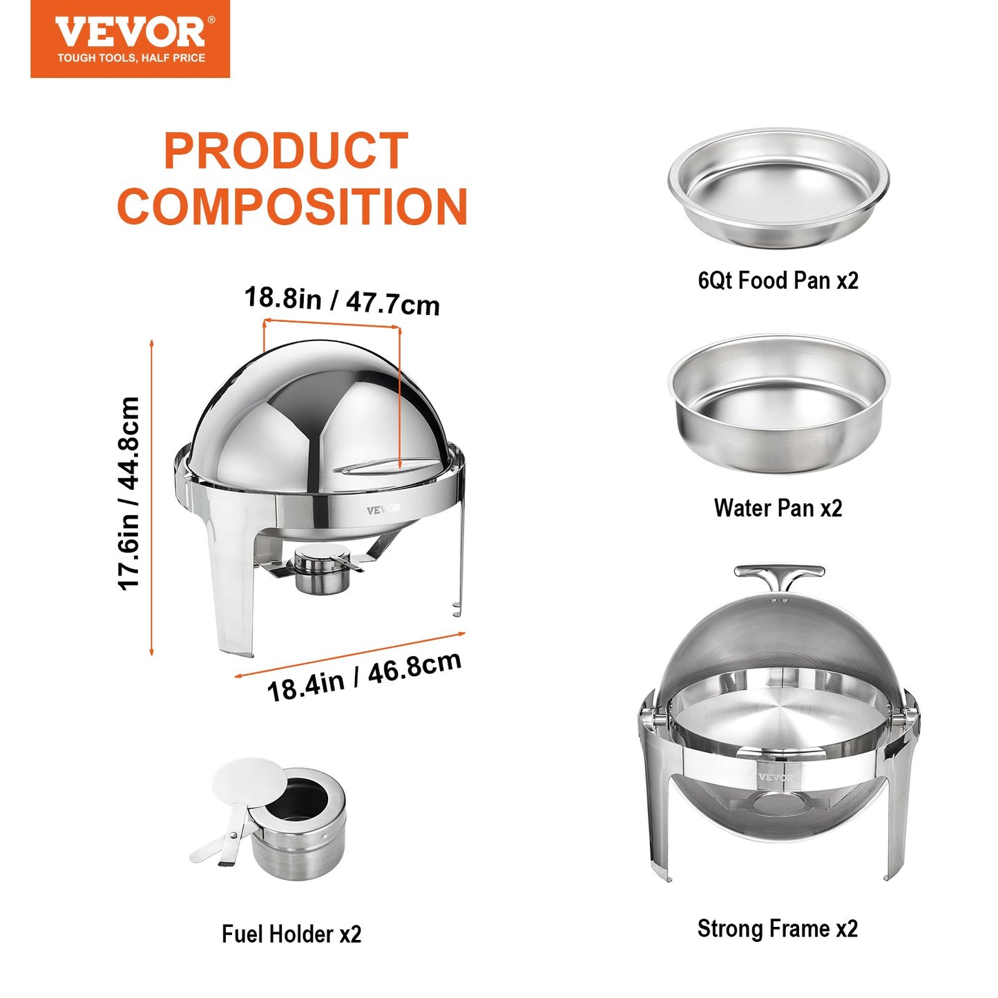 Roll Top Chafing Dish Buffet Set, 6 Qt 2 Pack, Stainless Steel Chafer with 2 Full Size Pans, Round Catering Warmer Server with Lid Water Pan Stand Fuel Holder, for at Least 5 People Each