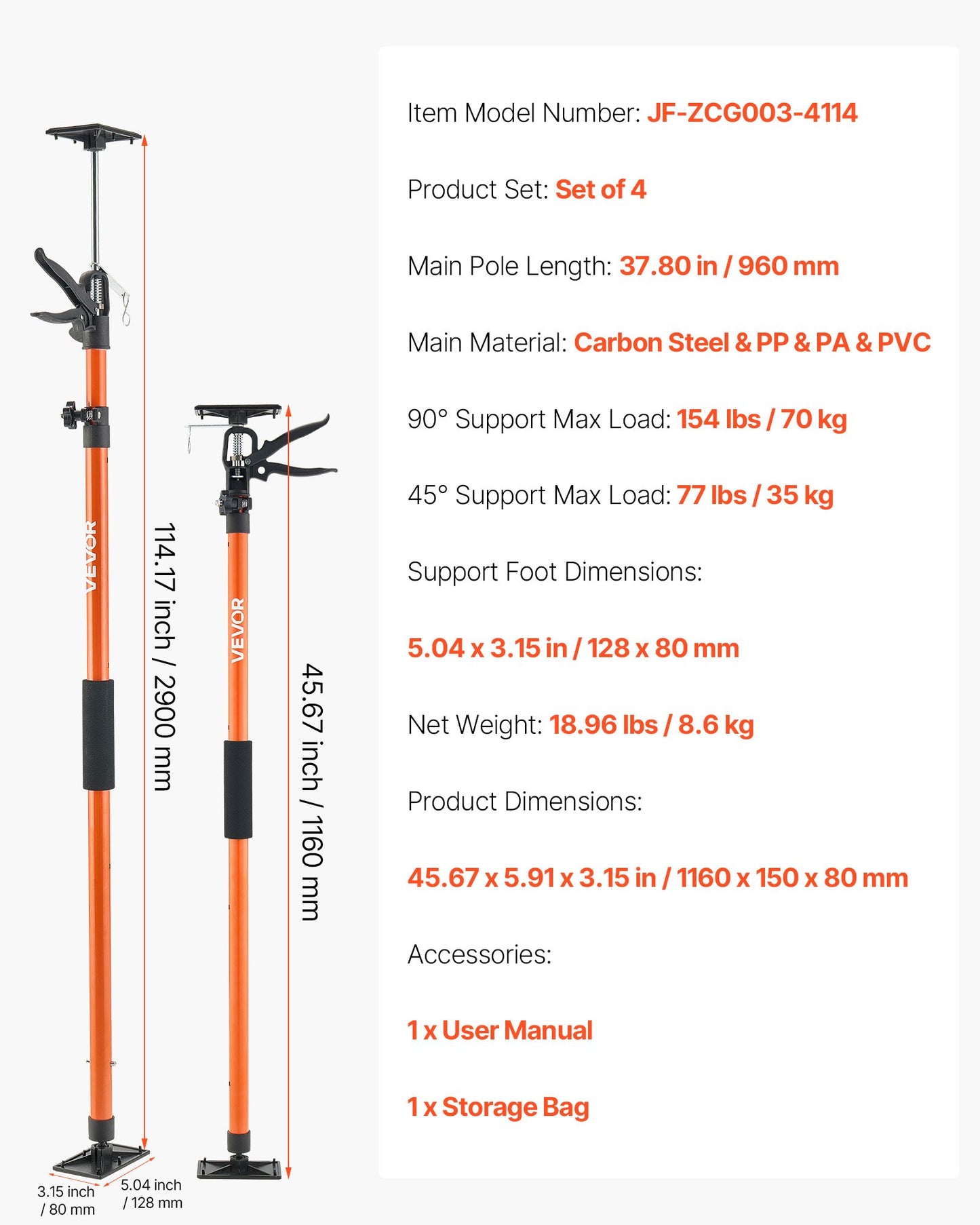 Cabinet Jack Support Pole, 4-Pack, 45.7-114.2 Inch Steel Telescopic Quick Support Rod, Adjustable 3rd Hand System up to 154 lbs Capacity for Installing Cabinets, Lifting Drywall, Cargo Bars