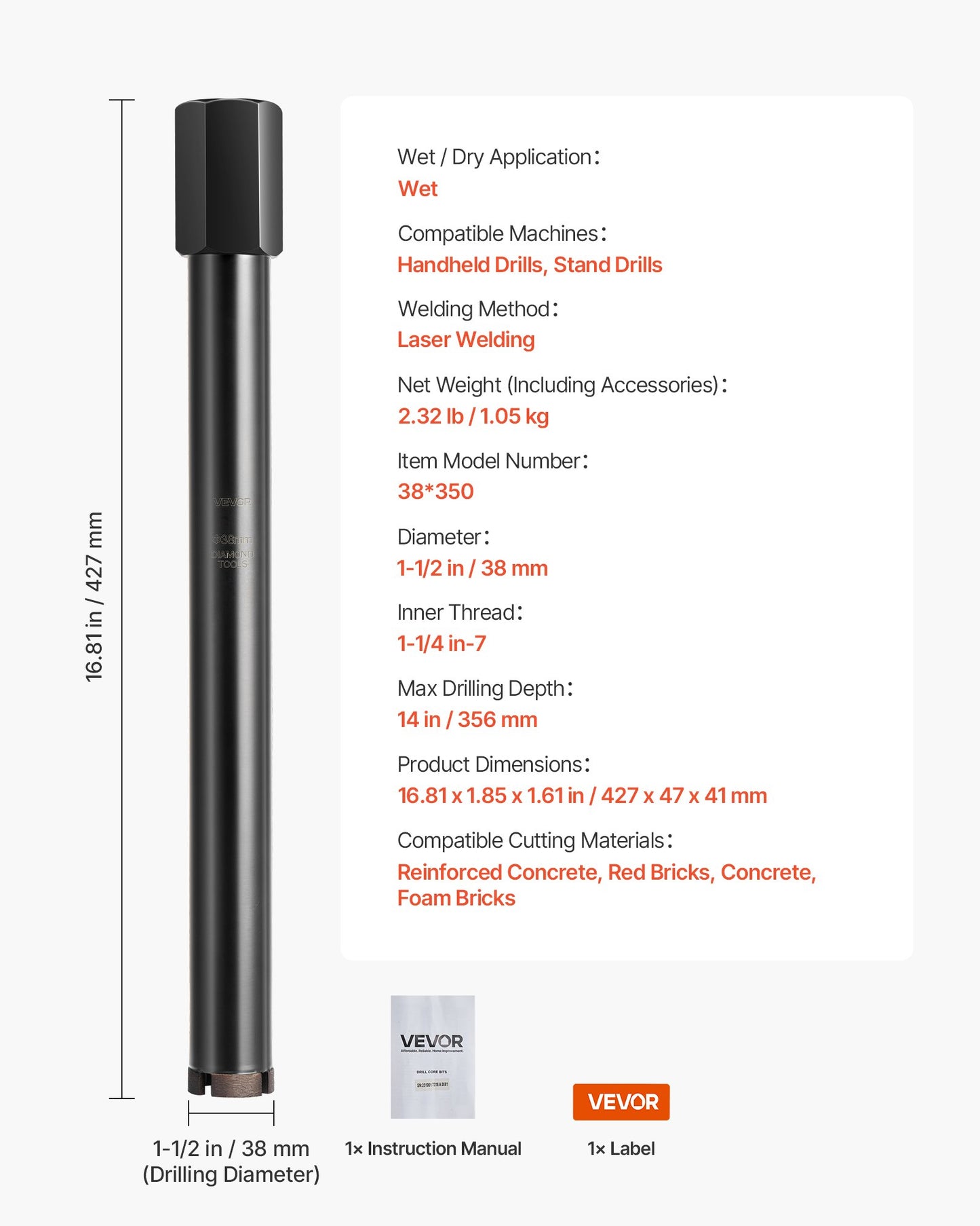 Core Drill Bit, 1-1/2 inch Diameter, 14 inch Drilling Depth, 1-1/4 in-7 Internal Thread, High-Precision Welding Technology, Wet Diamond Core Bit for Reinforced Concrete, Bricks, and Masonry