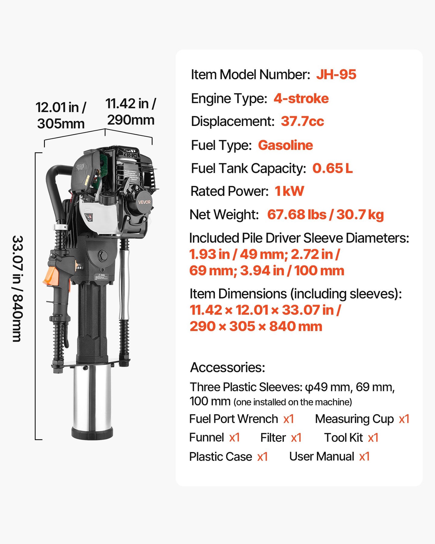 Gas Powered T Post Driver, 37.7cc 4-Stroke Engine Efficient Post Pounder with 3 Piling Sleeves, Vibration-Reducing Handle, Heavy Duty Fence Pile Driver for Farm, Orchard, Road Work, Landscaping