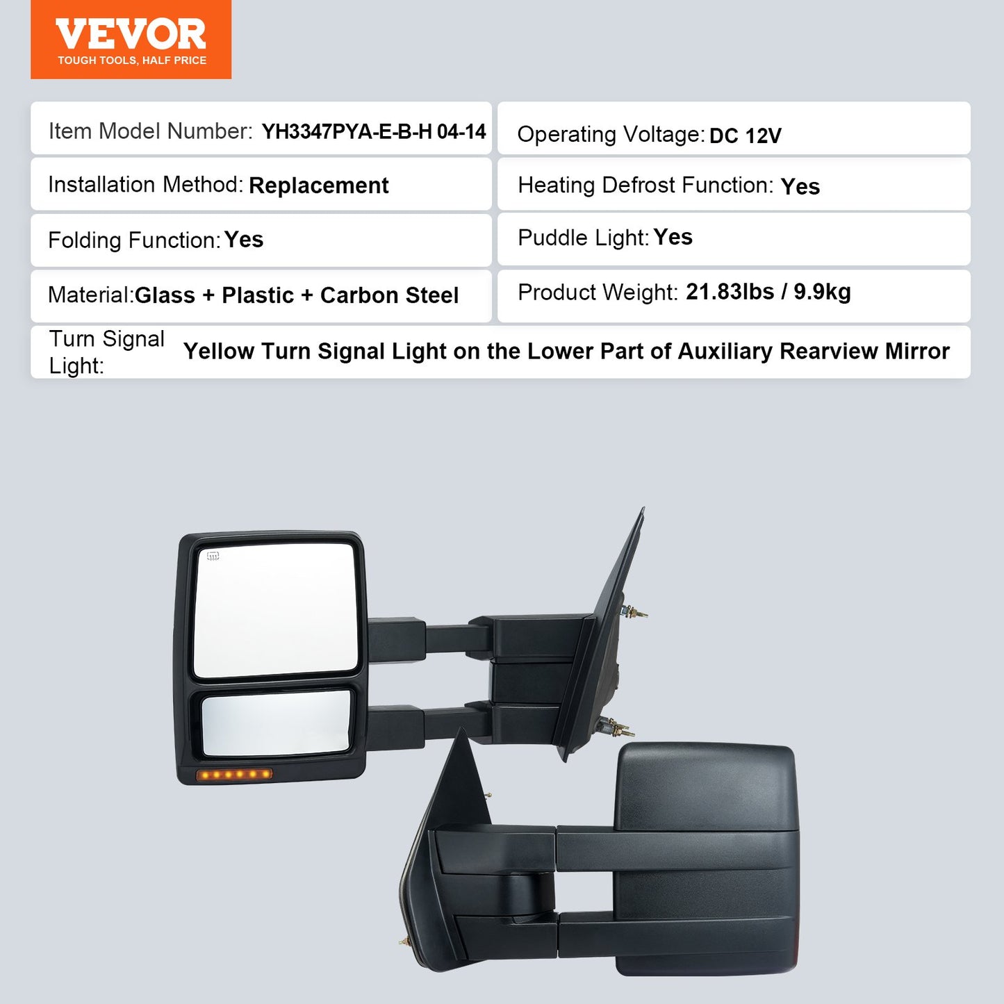 Towing Mirrors, Left & Right Pair Set for 2004-2014 Ford F150, Power Heated with Signal Light & Puddle Light, Plane & Convex Glass, Manual Controlling Telescoping Folding, Heating Defrost, Black