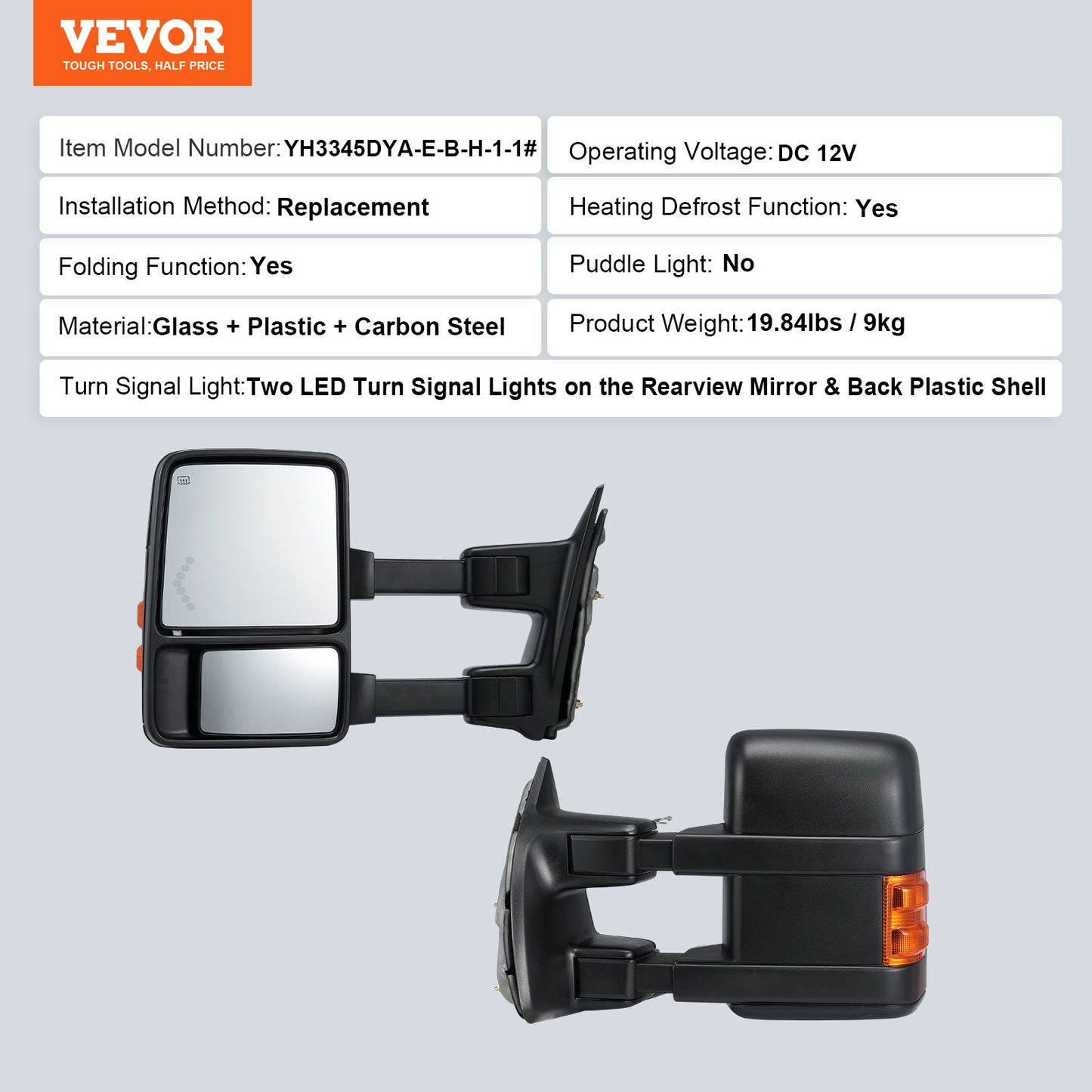 Towing Mirrors, Left & Right Pair Set for 1999-2007 Ford F250 F350 F450 F550, Power Heated with Signal Light, Plane & Convex Glass, Manual Controlling Telescoping Folding, Heating Defrost, Black