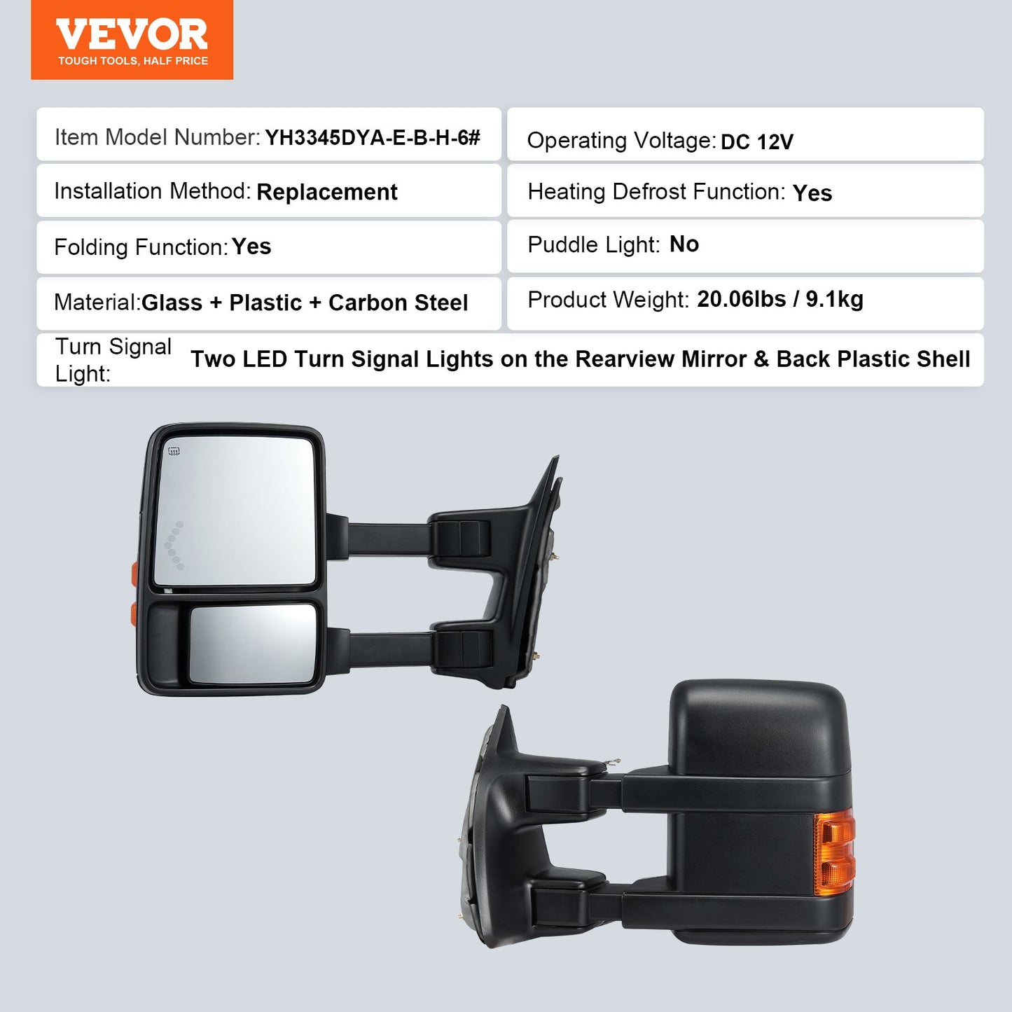 Towing Mirrors, Left & Right Pair Set for 2008-2016 Ford F250 F350 F450 F550, Power Heated with Signal Light, Plane & Convex Glass, Manual Controlling Telescoping Folding, Heating Defrost, Black