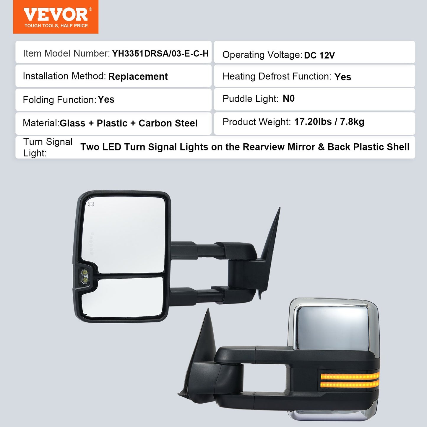 Towing Mirrors, Left & Right Pair Set for Chevrolet Silverado (2003-2007)/GMC/Cadillac, Power Heated Tow Mirror with Signal Light, Manual Controlling Telescoping Folding, Heating Defrost, Silver