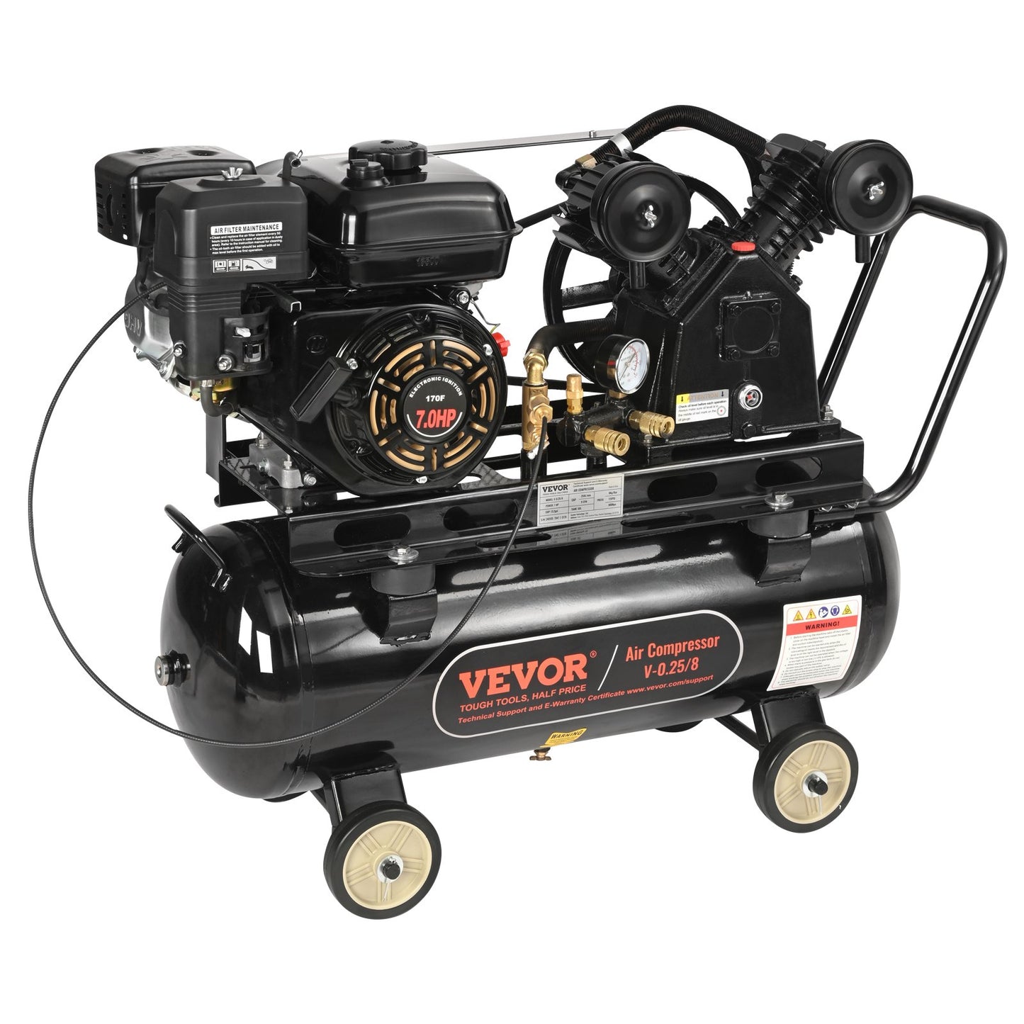 7HP Gas Powered Air Compressor, 13.2 Gallon Horizontal Air Compressor Tank, 9CFM@115PSI Gas Driven Piston Pump Air Compressed System with 115PSI Max Pressure for Construction Sites Workshop