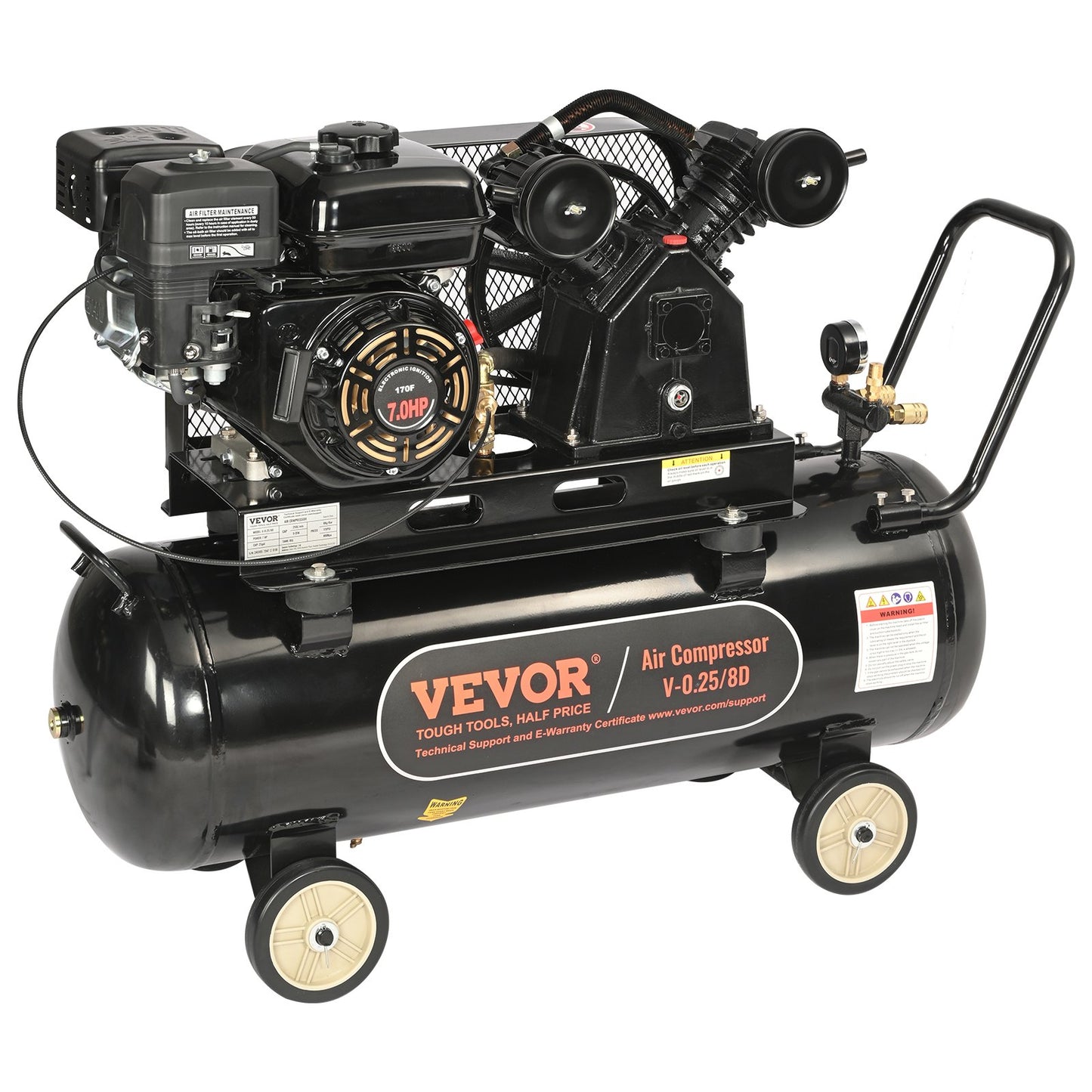 7HP Gas Powered Air Compressor, 21 Gallon Horizontal Air Compressor Tank, 9CFM@115PSI Gas Driven Piston Pump Air Compressed System with 115PSI Max Pressure for Construction Sites Workshop