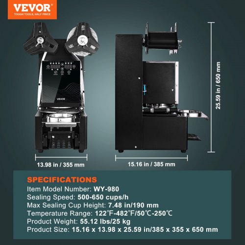 Helautomatisk koppförslutningsmaskin, 500-650 koppar/timme, koppförslutningsmaskin för 190 mm höga och 90/95 mm koppar, elektrisk Boba-teförslutare med digital kontroll LCD-panel för bubbelmjölkste och kaffe, svart | EU