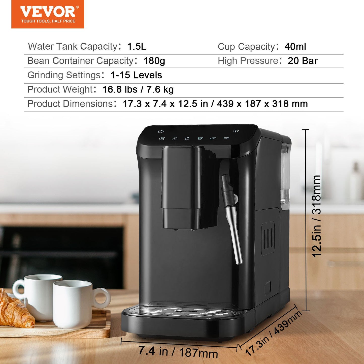 Automatic Espresso Machine, 20 Bar Auto Coffee Machine with Frother Steam Wand, Built-In Grinder and 15-Level Grinding Settings, Professional Espresso Coffee Maker with 1.5L Water Tank
