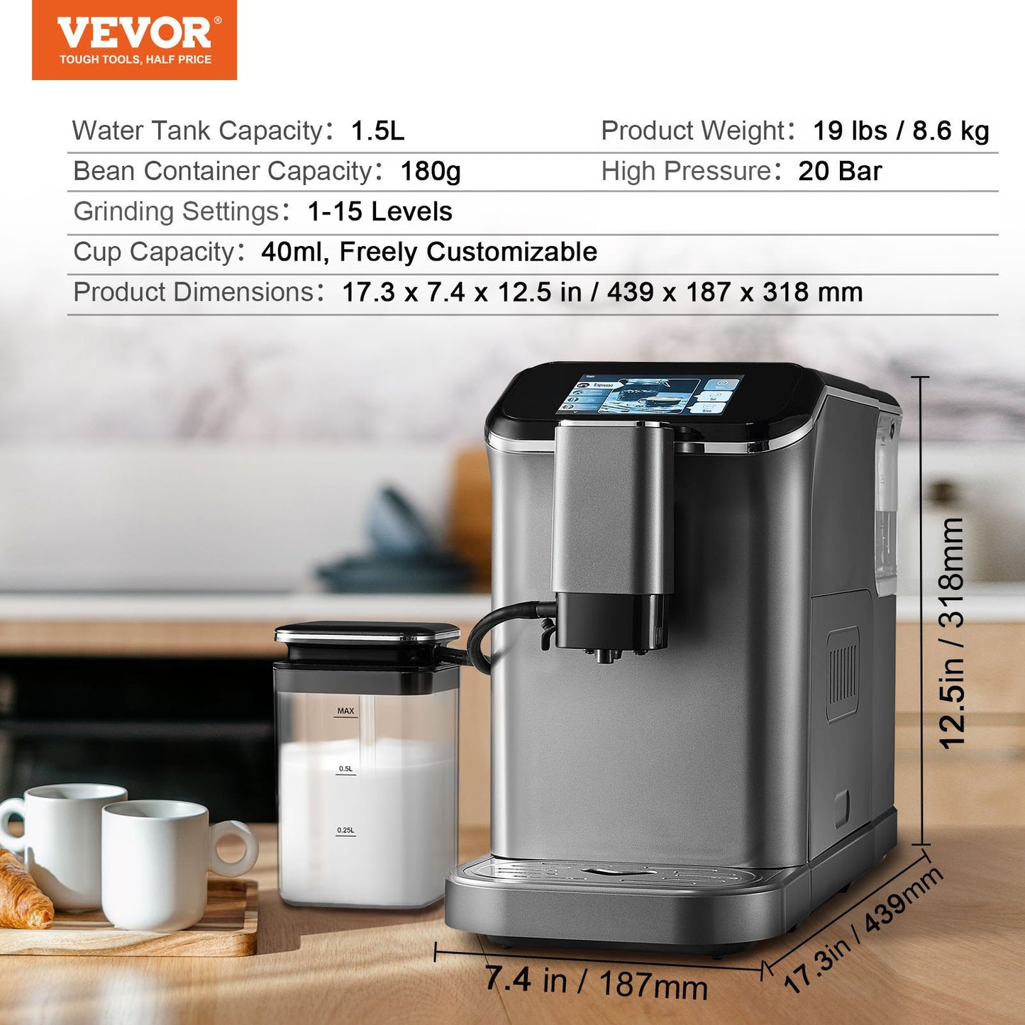 Fully Automatic Espresso Machine - with Automatic Milk Frother, 20 Bar Super-Automatic Cappuccino Latte Machine with TFT Touch Screen, Grinder, 15 Grinding Levels, and Removable Milk Reservoir