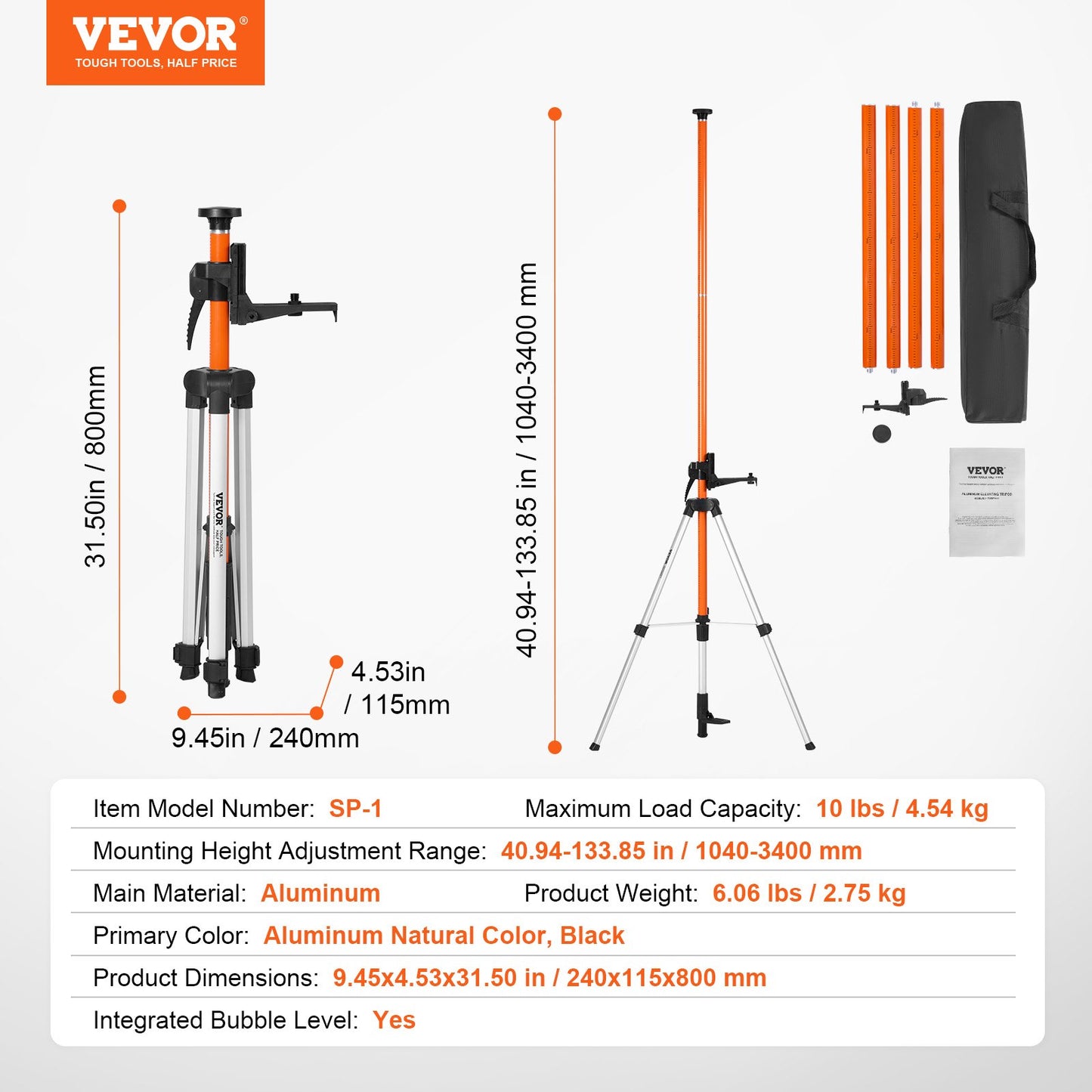Laser Level Tripod, 1/4"-20 & 5/8"-11 Thread Mount, 40.94-133.85 inch Height Adjustment with Level Bubble & Heavy-duty Stand, Extendable Pole Lightweight Aluminum Tripod for Laser Scanner