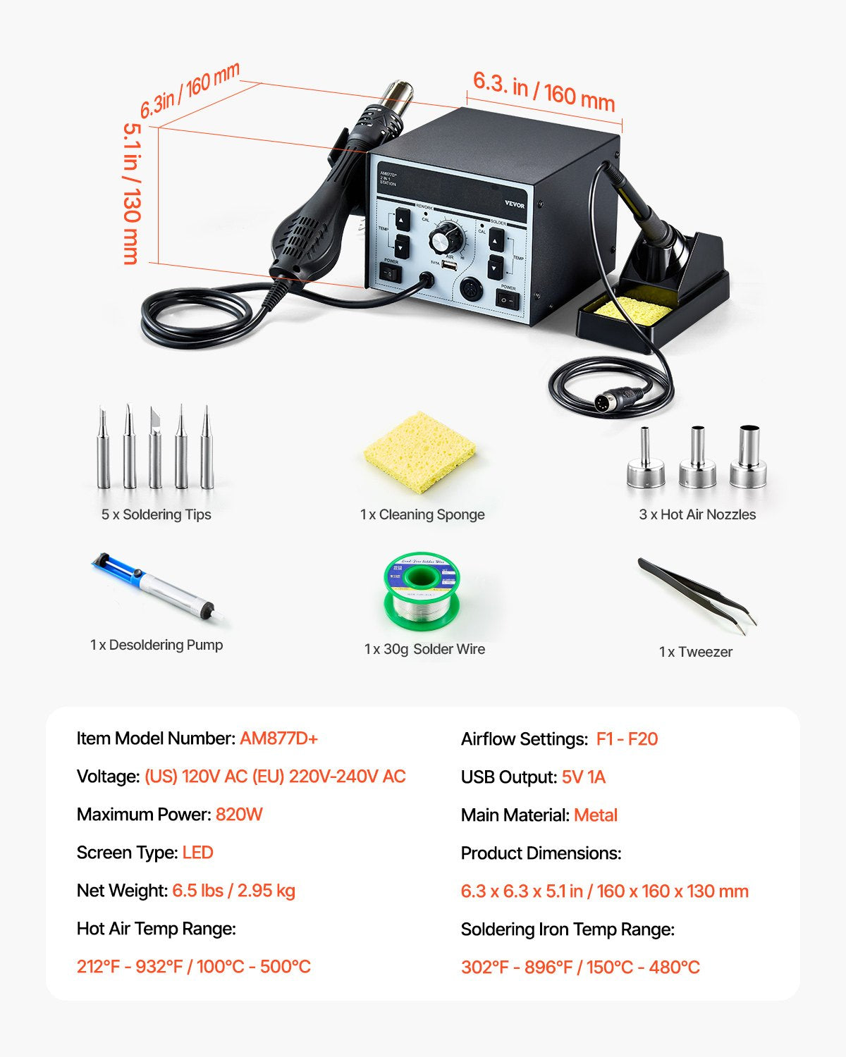 2-in-1 Hot Air Rework Station & Soldering Station, 820W LED Digital Rework and Soldering Iron Station with 5V USB Charging Port, Adjustable Temps & Airflow, ℃/℉ Conversion, 3 Hot Air Nozzles