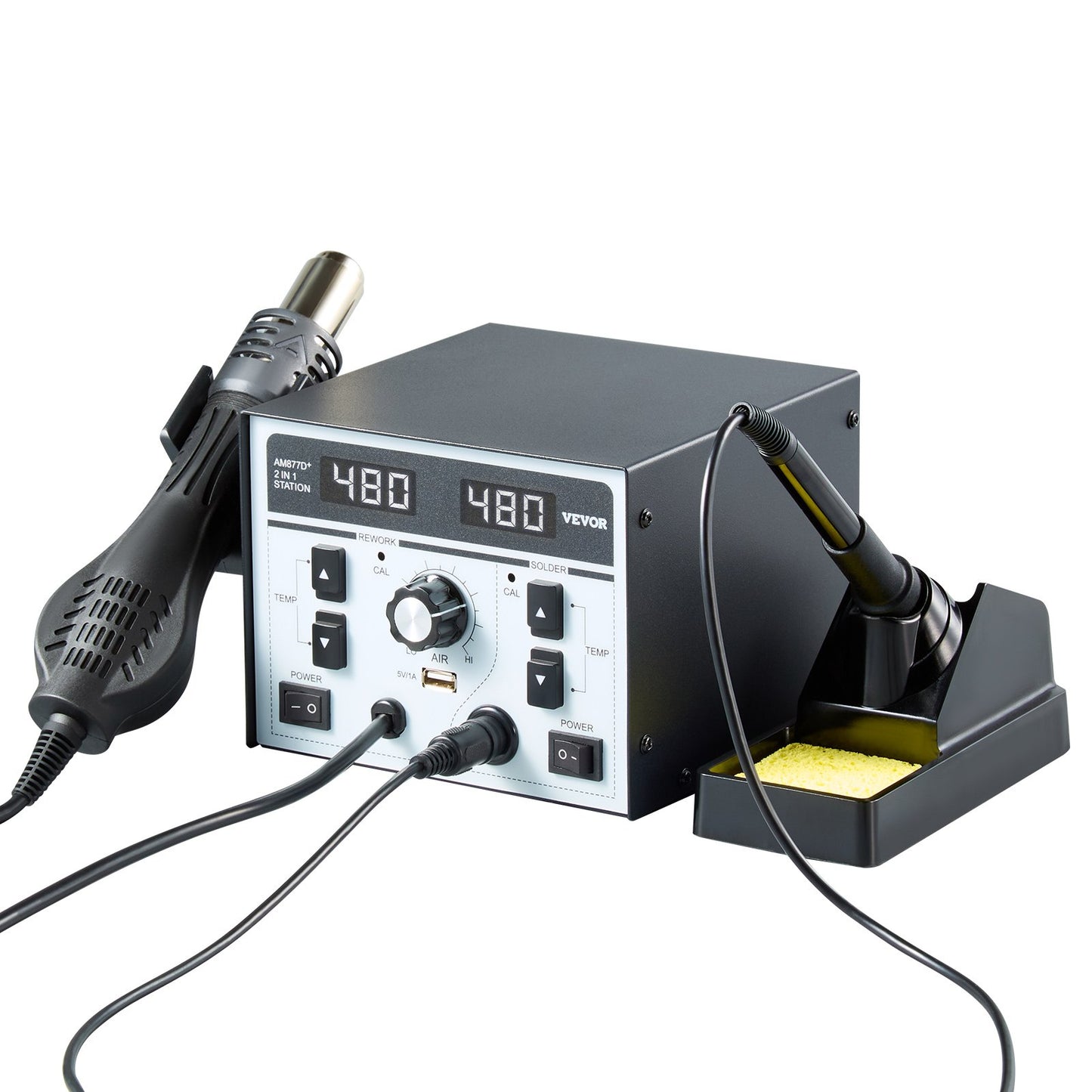 2-in-1 Hot Air Rework Station & Soldering Station, 820W LED Digital Rework and Soldering Iron Station with 5V USB Charging Port, Adjustable Temps & Airflow, ℃/℉ Conversion, 3 Hot Air Nozzles