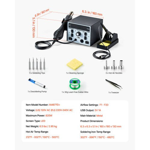 2-i-1 Hot Air Rework & Soldering Station 820W med 5V USB-laddningsport | EU