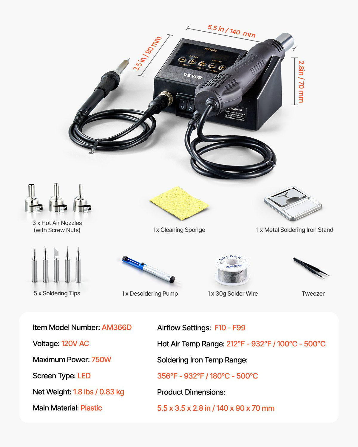 2-in-1 Hot Air Rework Station & Soldering Station, 750W Digital Rework and Soldering Iron Station with Adjustable Temps & Airflow, ℃/℉ Conversion, 3 Hot Air Nozzles for Electronics Repairing