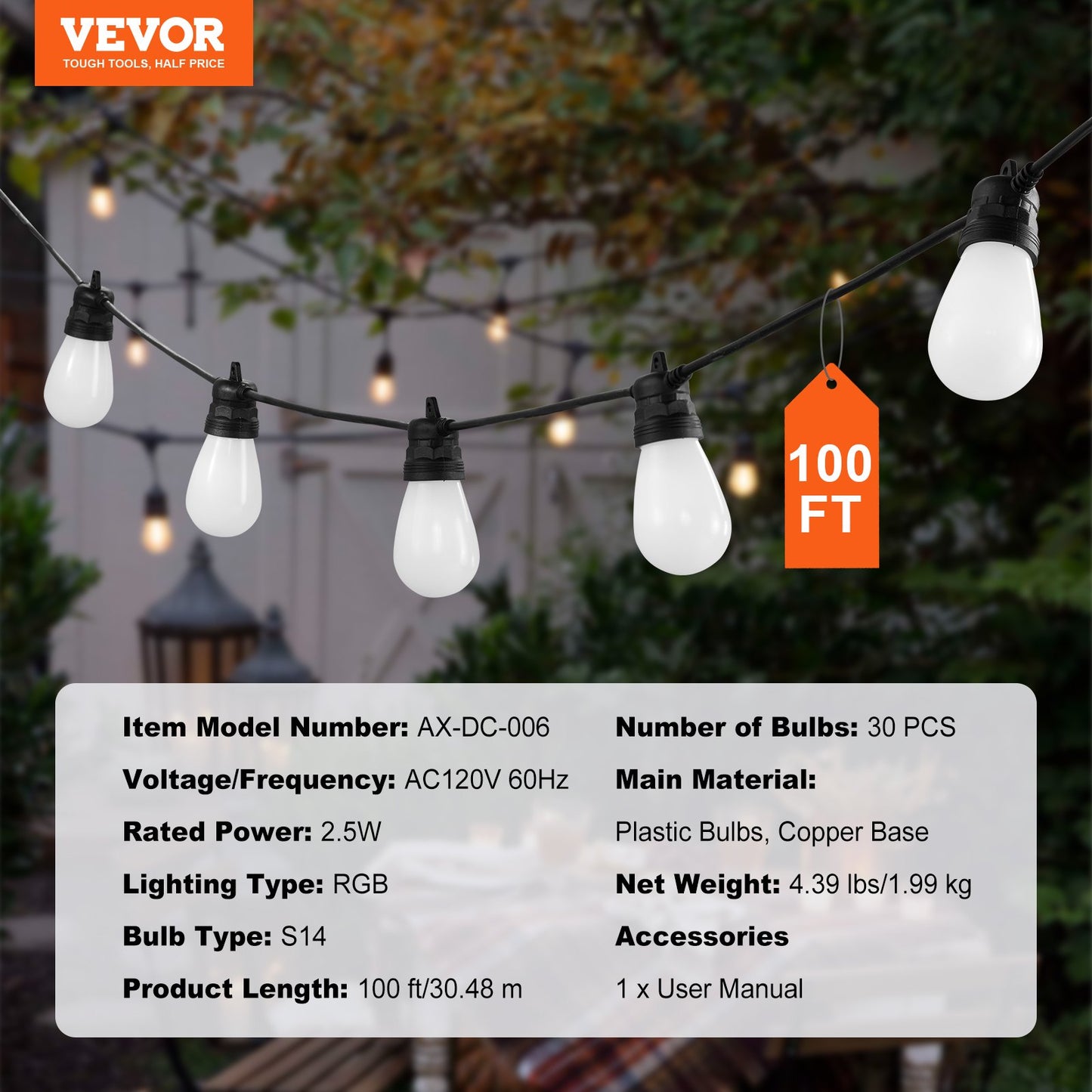RGB Outdoor String Lights, 100FT, Outside Patio Lights with APP Control 30 Bulbs, 15 Single-Color Adjustable Brightness Time Setting, Waterproof Hanging Lights for Halloween Decoration Christmas