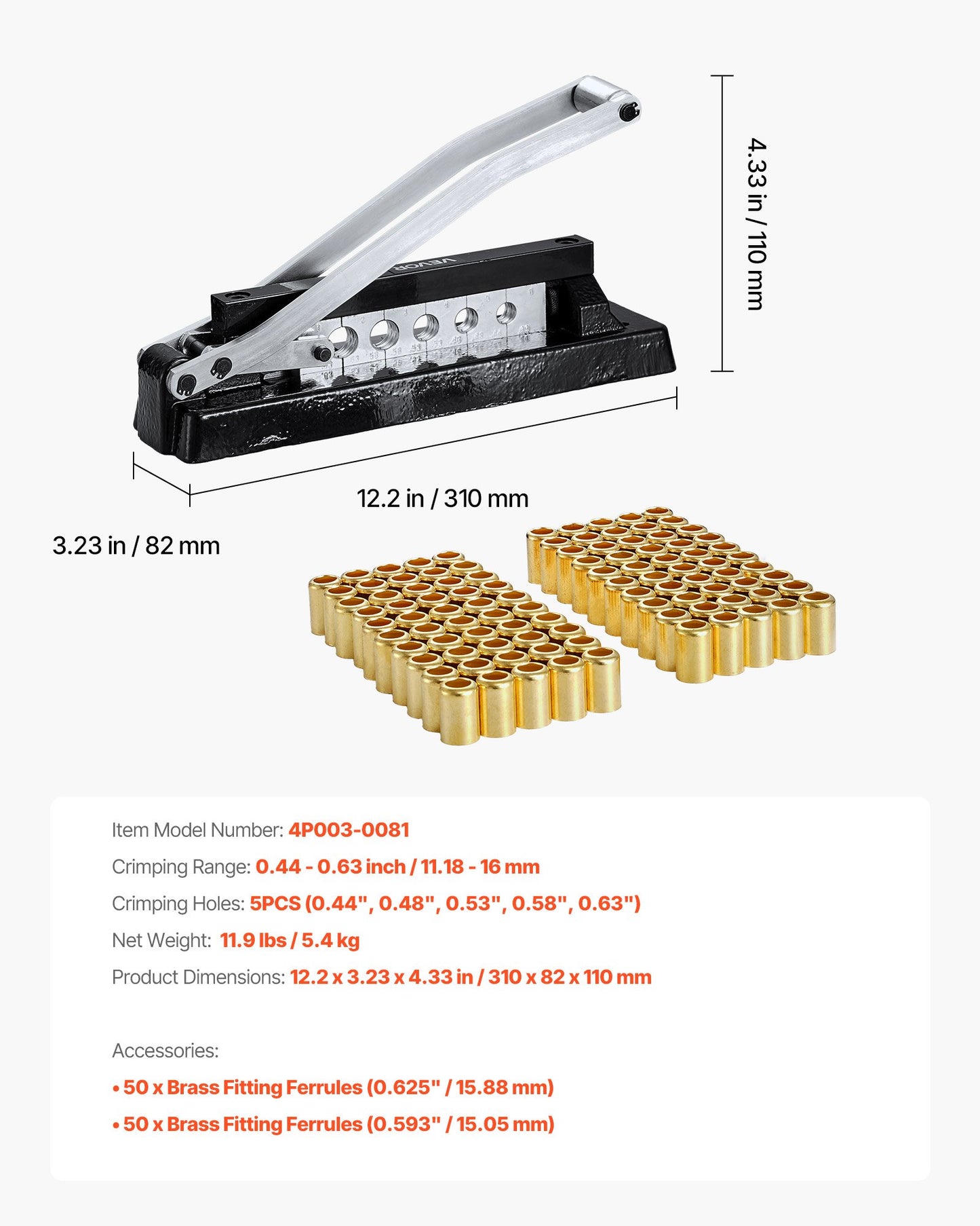 Heavy Duty Ferrule Hose Crimper, Standard Bench Hose Crimping Tool with 100pcs Ferrules (0.593" & 0.625" ID), 0.44"-0.63" Crimping Range for PVC, Rubber & Air Hoses, Torch Hoses Repair Kit