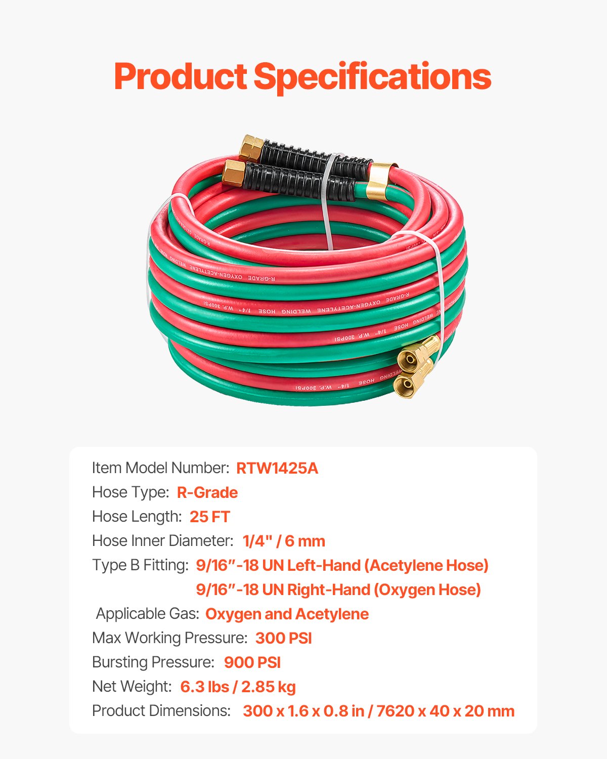 Oxygen Acetylene Hose, 1/4-Inch x 25FT Oxy Acetylene Hose with 9/16"-18 LH/RH B Fittings, R Grade Welding Torch Twin Hose with 300PSI Maximum Working Pressure for Cutting Soldering Brazing