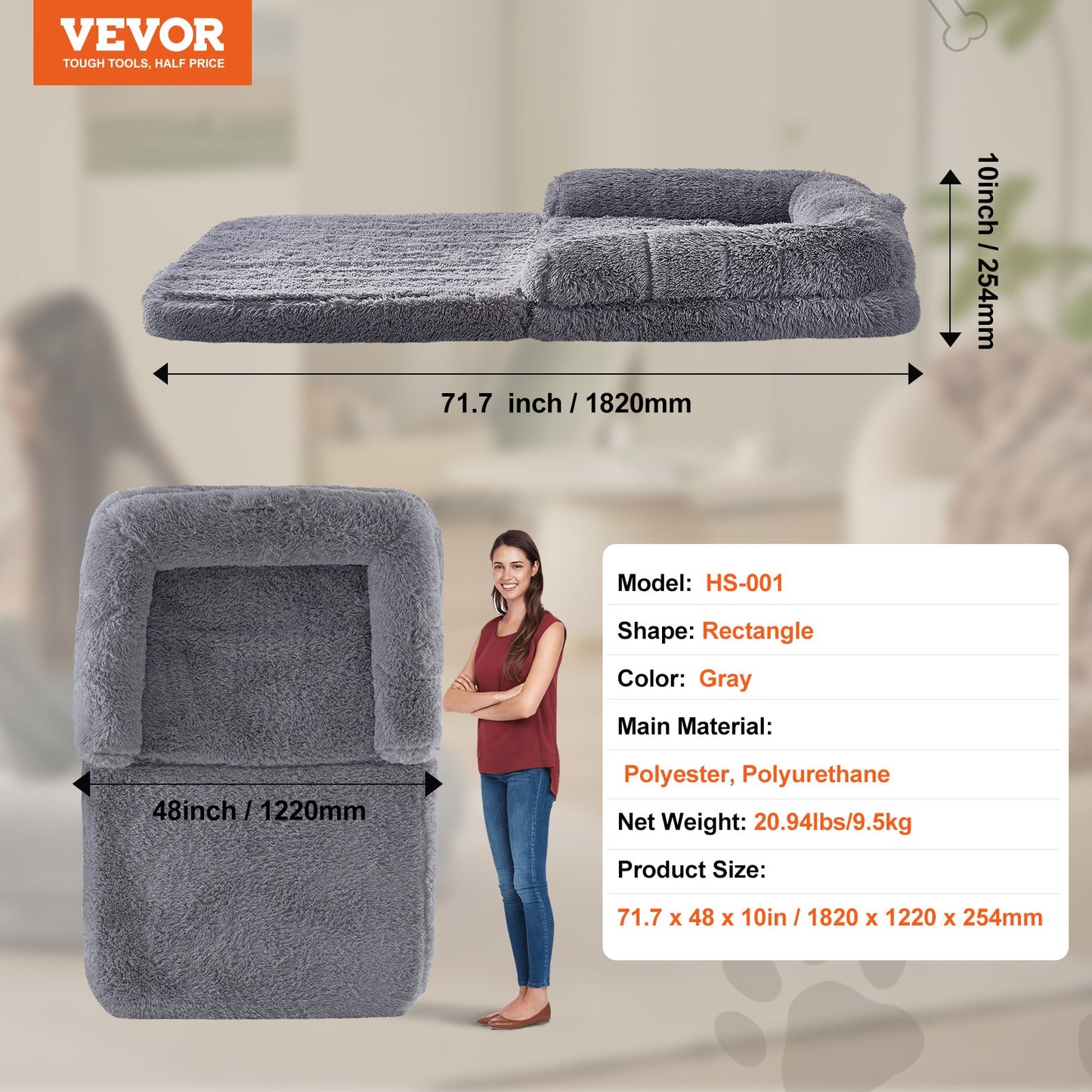 Human Dog Bed, 72" x48"x10" Giant Human Dog Bed for Adults and Pets, Human Size Dog Bed with Washable PV Velvet Cover, Egg Orthopedic Foam, Storage Pocket, for You and Pet, Grey