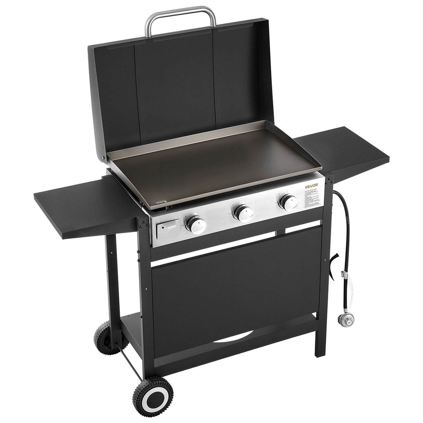 Gas Griddle, 3-Burner Flat Top Grill, Propane Griddle with Wheels, Lid, 3 x 11000 BTU Outdoor Flat Top Grills for Pan-Frying, Grilling, Stir-Frying, & BBQ, Pulse Ignition, Removable Top Design