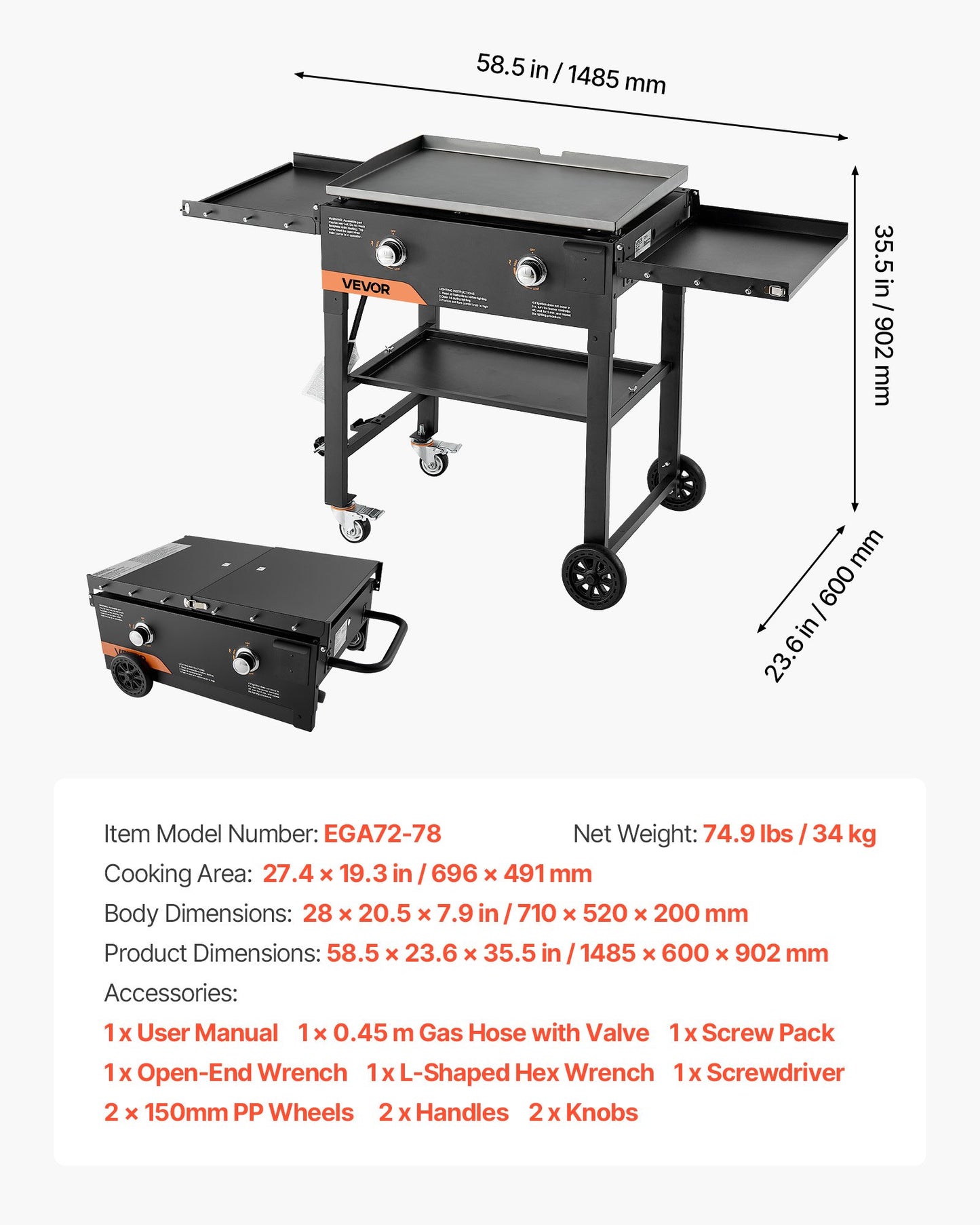 Gas Griddle, 2-Burner Flat Top Grill, 28 inch Grill Plate Foldable Propane Griddle with Wheels, 30000 BTU Outdoor Flat Top Grills for Pan-Frying, Grilling, Stir-Frying, & BBQ, Pulse Ignition