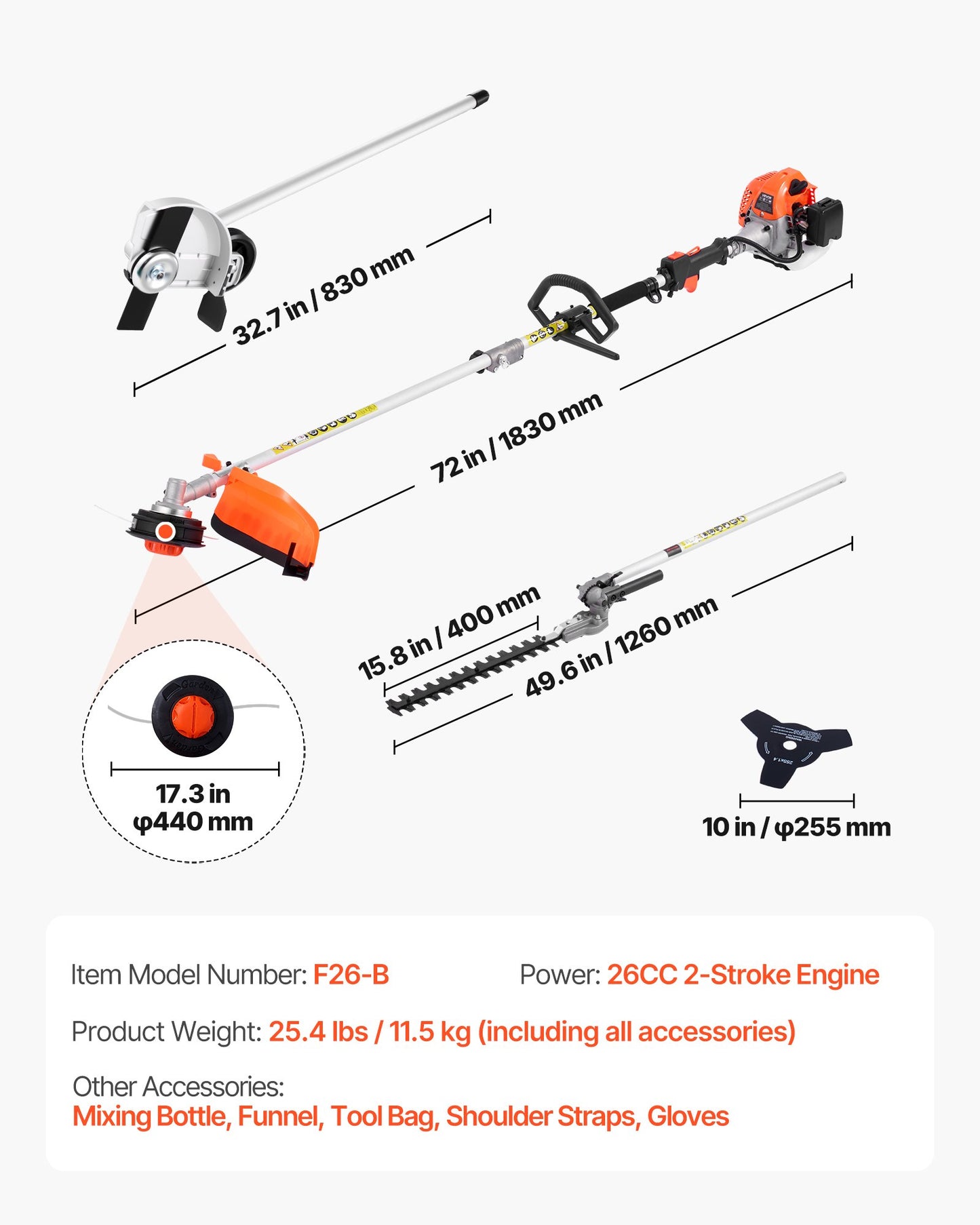 Gas Hedge Trimmer, 2 Cycle Gas Power Handheld Hedge Trimmer, 4-in-1 26cc Weed Eater with Protective Gear Set, Includes Hedge and String Trimmer, Edger, Brush Cutter, for Trimming Shrubs & Bushes