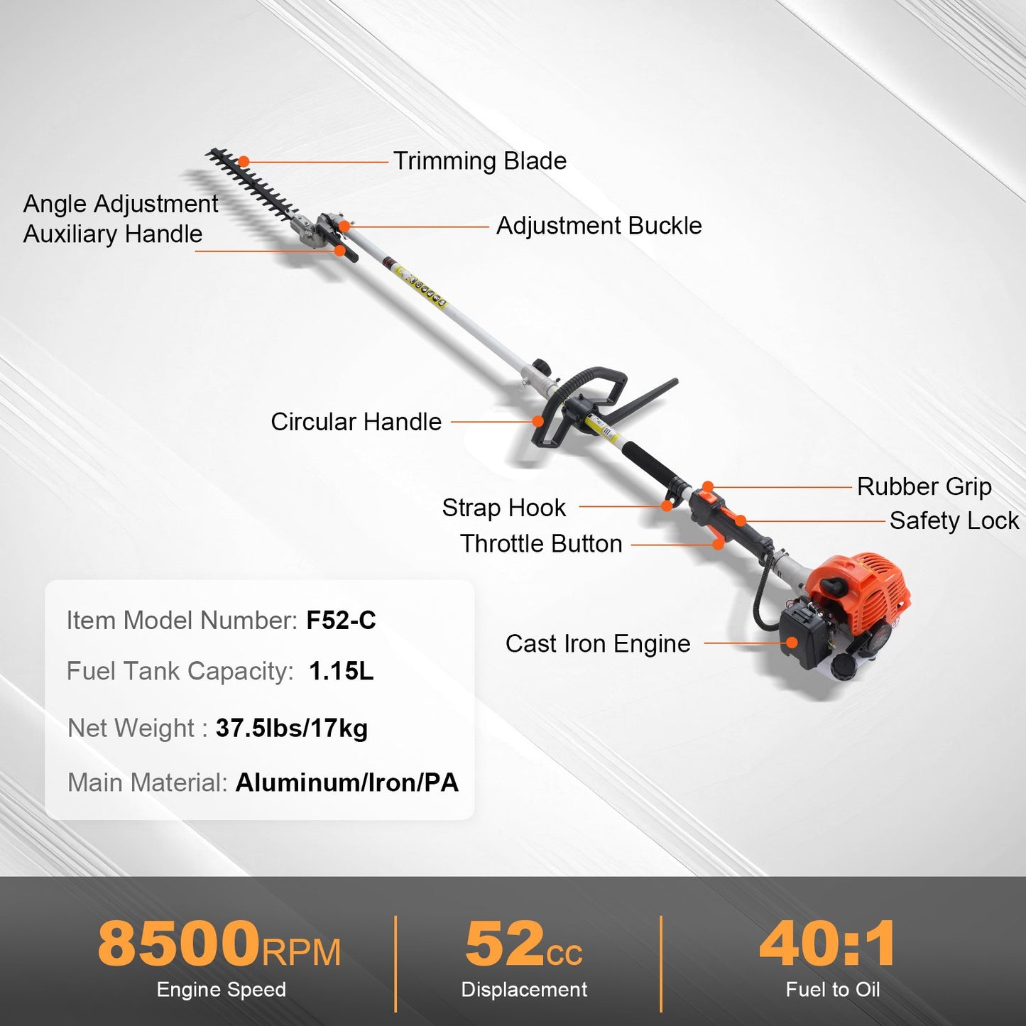 52CC 6-in-1 Multi-Functional Trimming Tools, Gas Hedge Trimmer, Weed Eater, String Trimmer, Brush Cutter, Edger, Pole Saw Chainsaw Pruner with Extension Pole