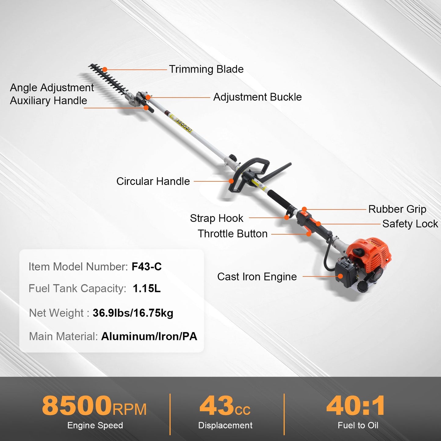 43CC 6-in-1 Multi-Functional Trimming Tools, Gas Hedge Trimmer, Weed Eater, String Trimmer, Brush Cutter, Edger, Pole Saw Chainsaw Pruner with Extension Pole