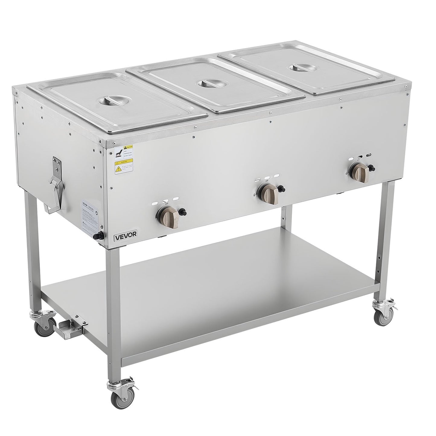3-Pan Commercial Propane Steam Table, LP Gas Outdoor Soup Warmer with Drain Valve and 3" Wheels, Stainless Steel Propane Food Warmer with Independent Temp Control, for Restaurant Outdoor Camping