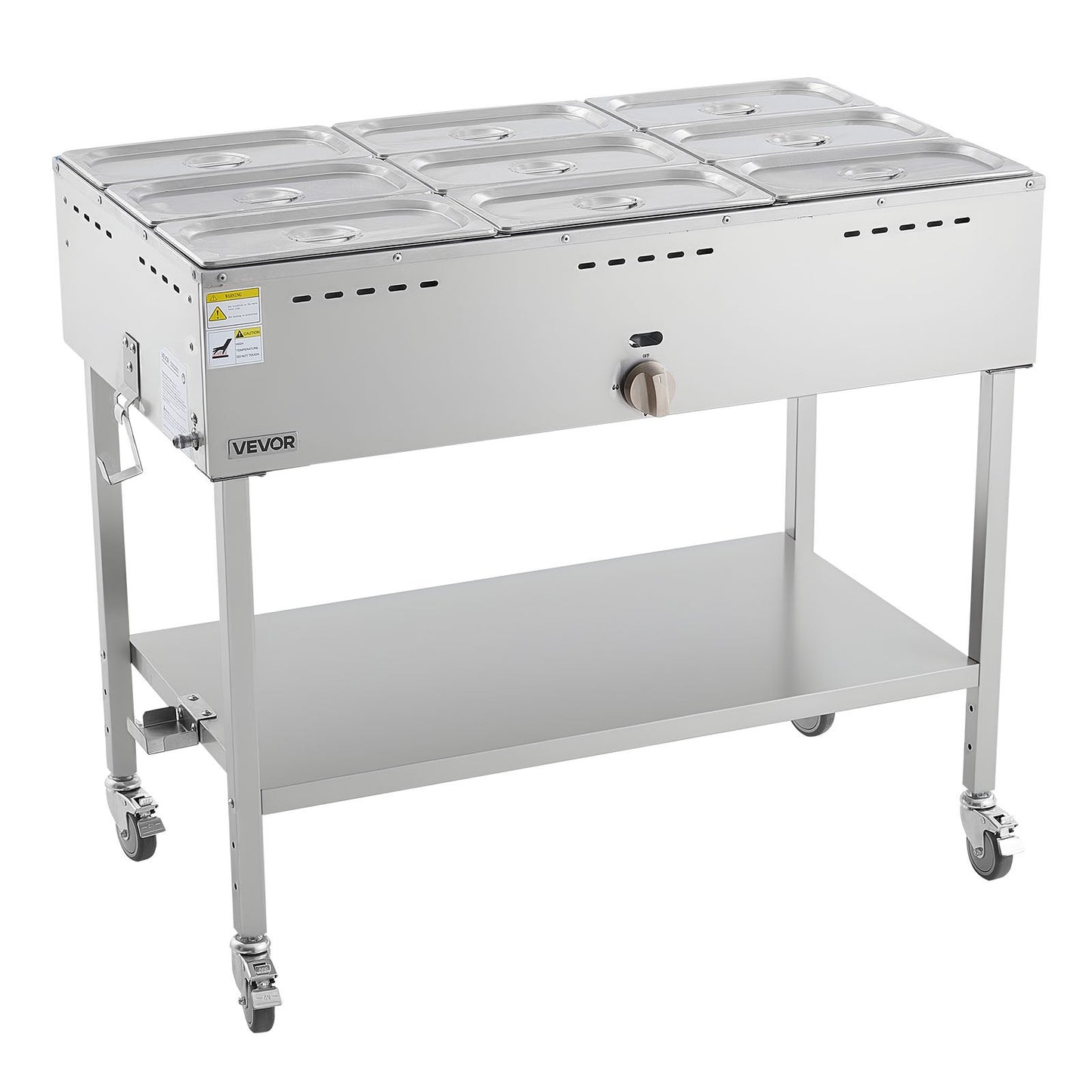 9-Pan Commercial Propane Steam Table, LP Gas Outdoor Soup Warmer with Drain Valve and 3" Wheels, Stainless Steel Propane Food Warmer with Adjustable Temperature, for Restaurant Outdoor Camping