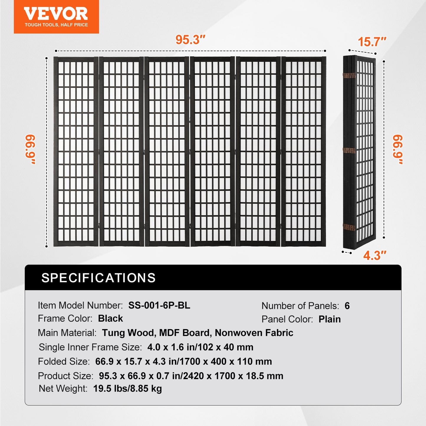 Room Divider, 6 Panel Japanese Room Divider, Folding Privacy Screen Indoor, Portable Partition Dividers and Decoration Screens, for Room Separation, Home, Office, Restaurant & Bedroom (Black)